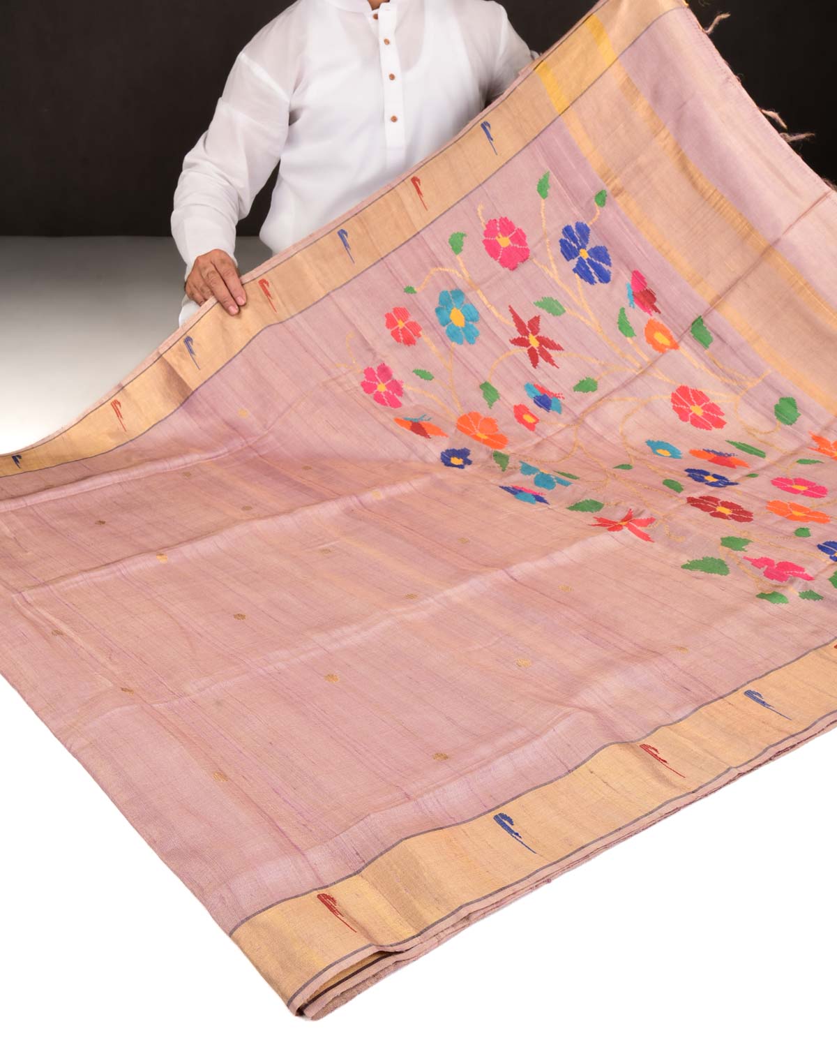 Mauve Banarasi Kadhuan Brocade Handwoven Tasar Tissue Saree with Multi-Color Floral Pallu-HolyWeaves