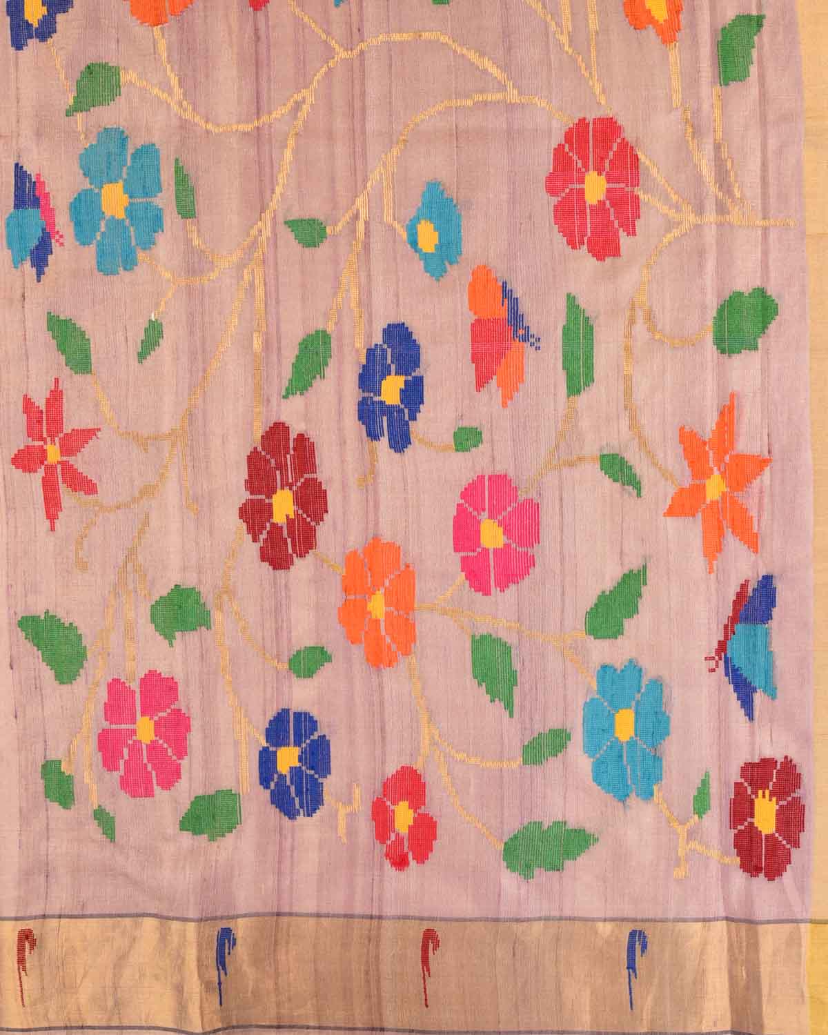 Mauve Banarasi Kadhuan Brocade Handwoven Tasar Tissue Saree with Multi-Color Floral Pallu-HolyWeaves