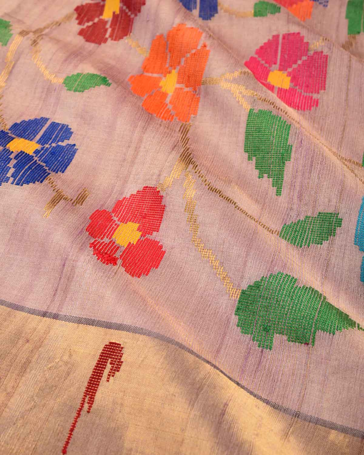 Mauve Banarasi Kadhuan Brocade Handwoven Tasar Tissue Saree with Multi-Color Floral Pallu-HolyWeaves