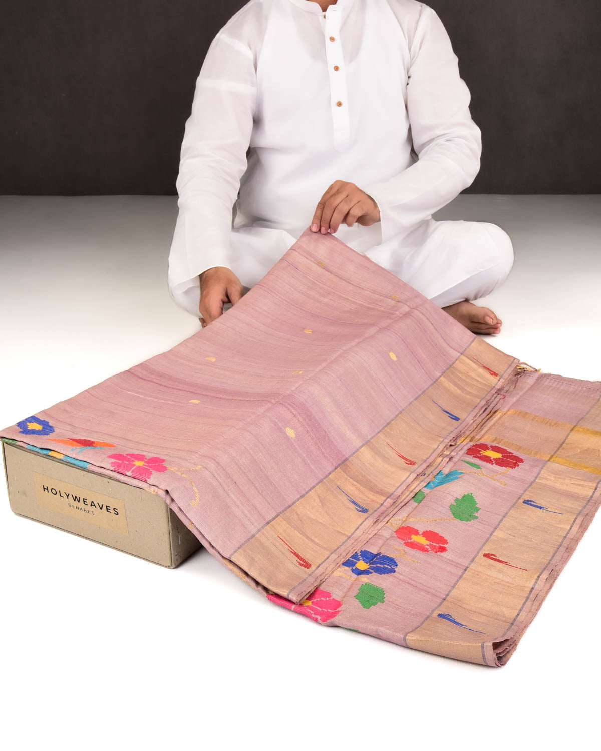 Mauve Banarasi Kadhuan Brocade Handwoven Tasar Tissue Saree with Multi-Color Floral Pallu-HolyWeaves
