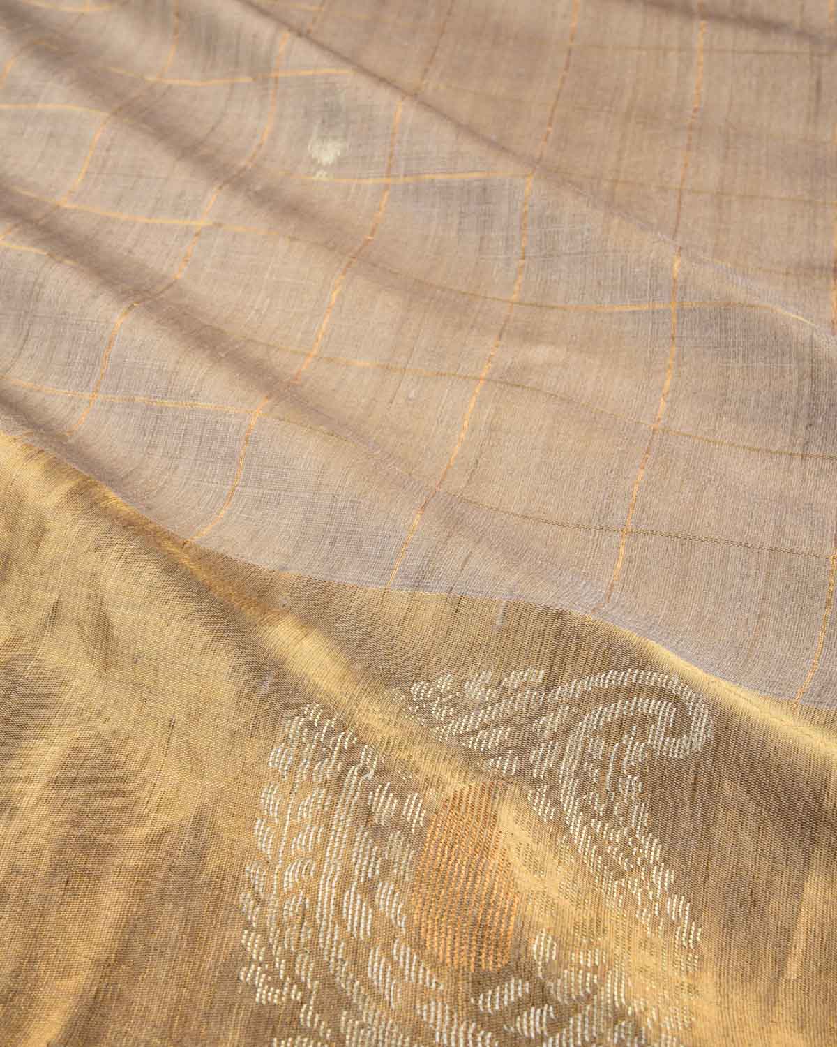 Gray Banarasi Gold Zari Chequered Grids Kadhuan Brocade Handwoven Tasar Silk Saree with Sona Rupa Paisley Border Pallu-HolyWeaves