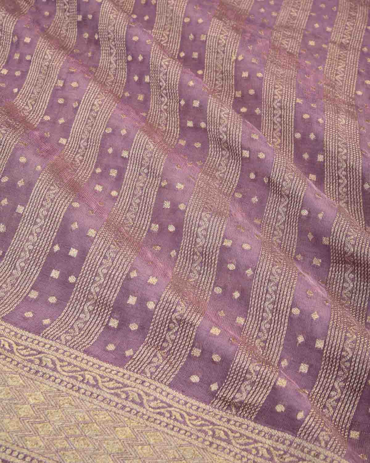 Lilac Banarasi Gold Zari Stripes Cutwork Brocade Handwoven Tissue Georgette Saree-HolyWeaves