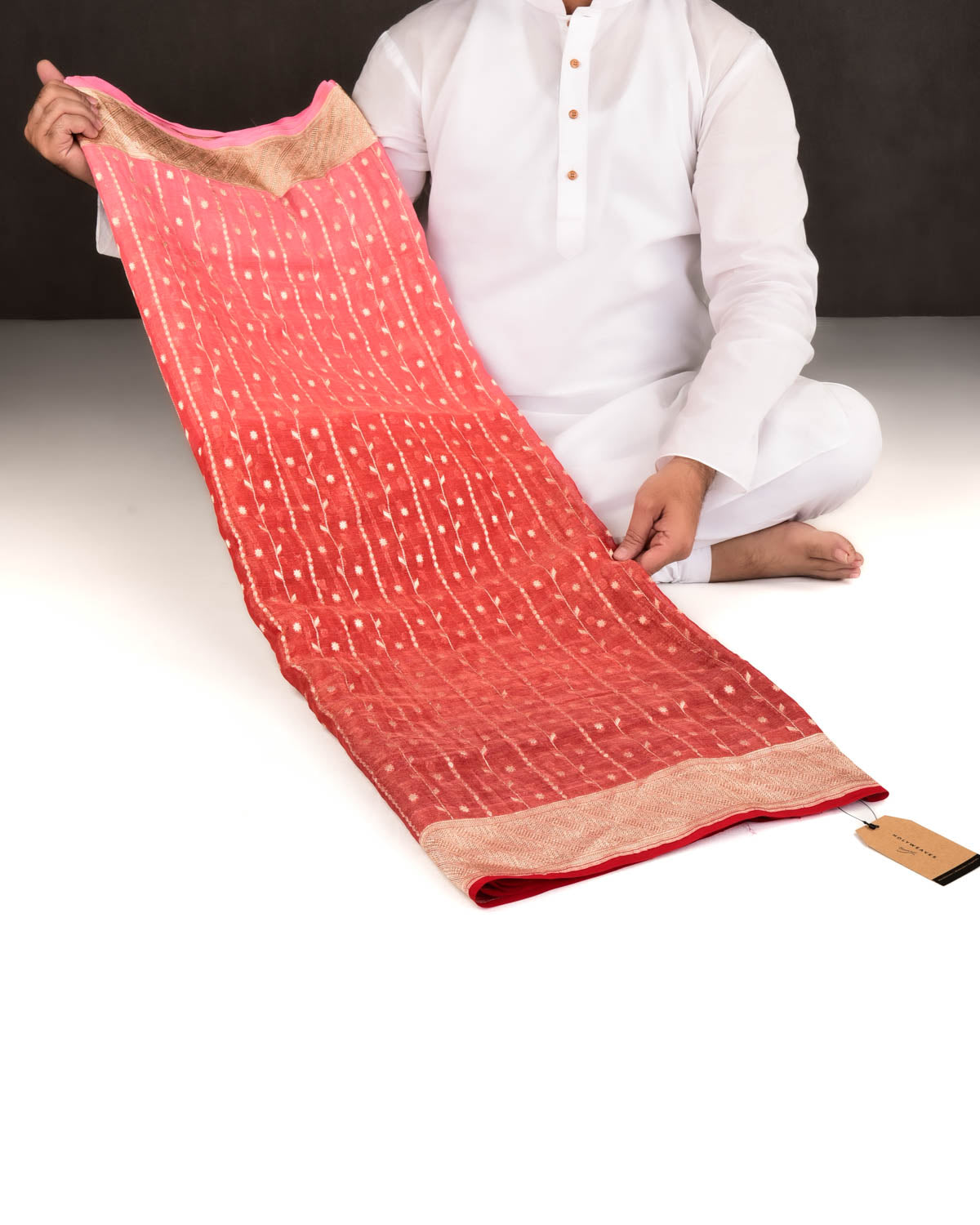 Ombre Peach Red Banarasi Gold Zari Ornament Stripes Cutwork Brocade Handwoven Tissue Georgette Saree-HolyWeaves
