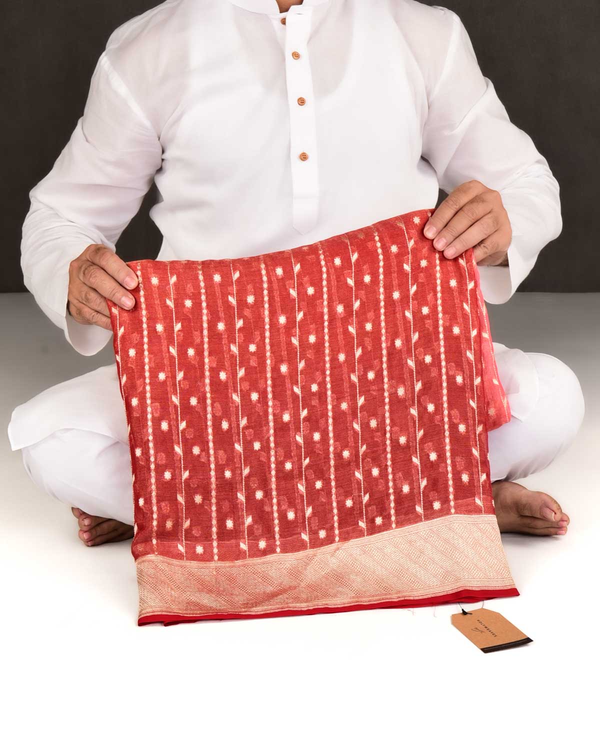 Ombre Peach Red Banarasi Gold Zari Ornament Stripes Cutwork Brocade Handwoven Tissue Georgette Saree-HolyWeaves