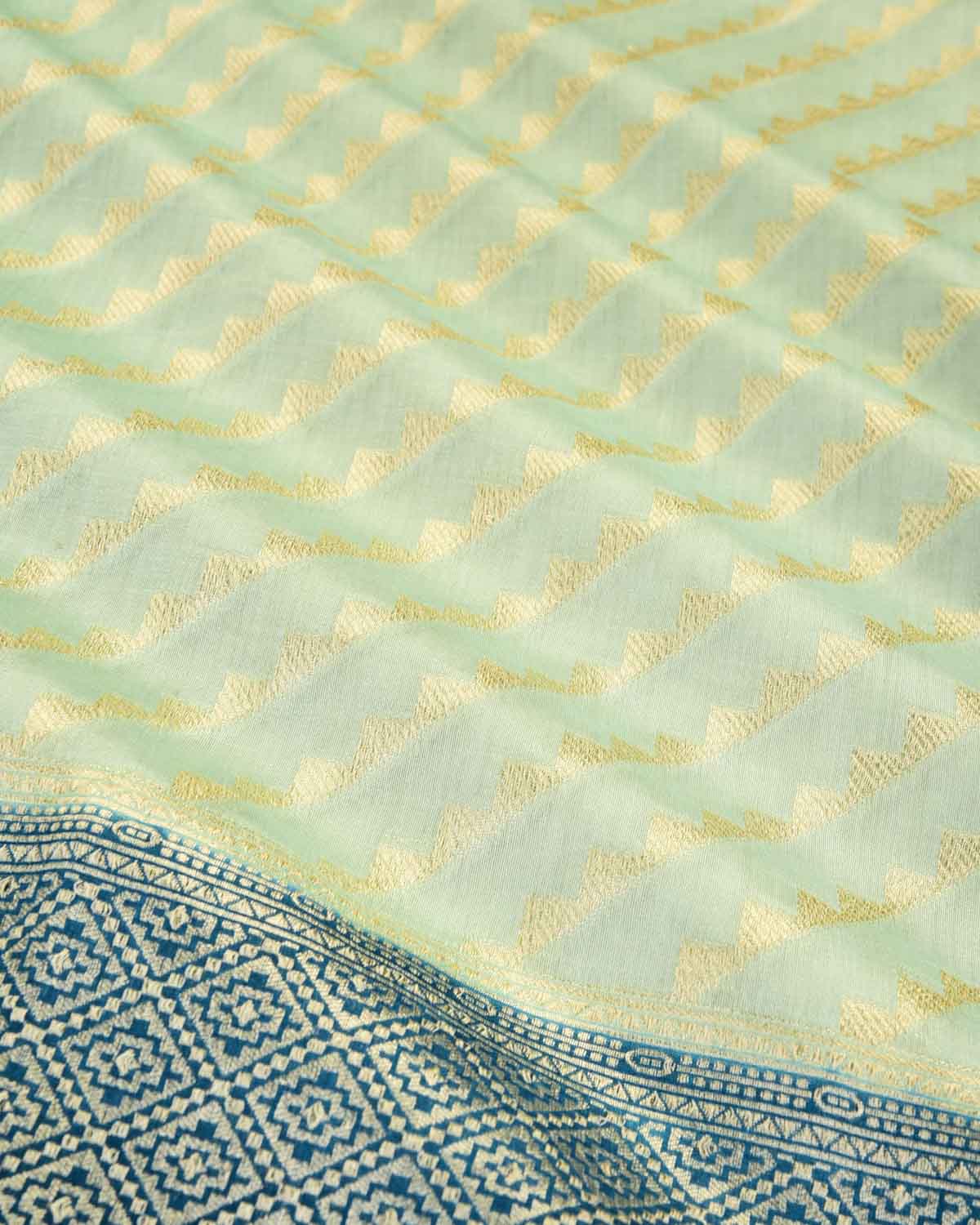 Honeydew Green Banarasi Gold Zari Serrated Stripes Cutwork Brocade Woven Spun Silk Saree with Contrast Border Pallu-HolyWeaves