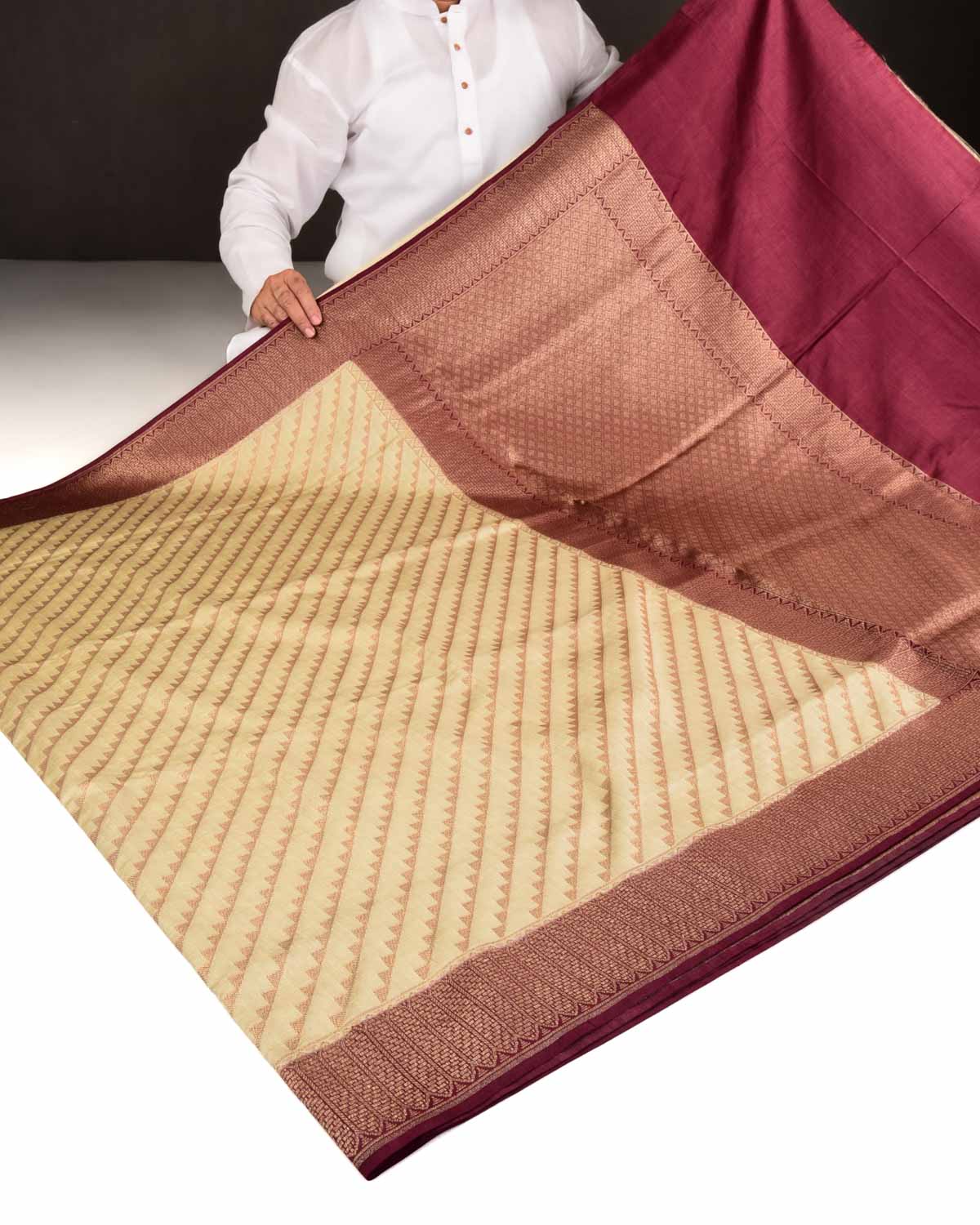 Beige Banarasi Antique Zari Serrated Stripes Cutwork Brocade Woven Spun Silk Saree with Contrast Border Pallu-HolyWeaves