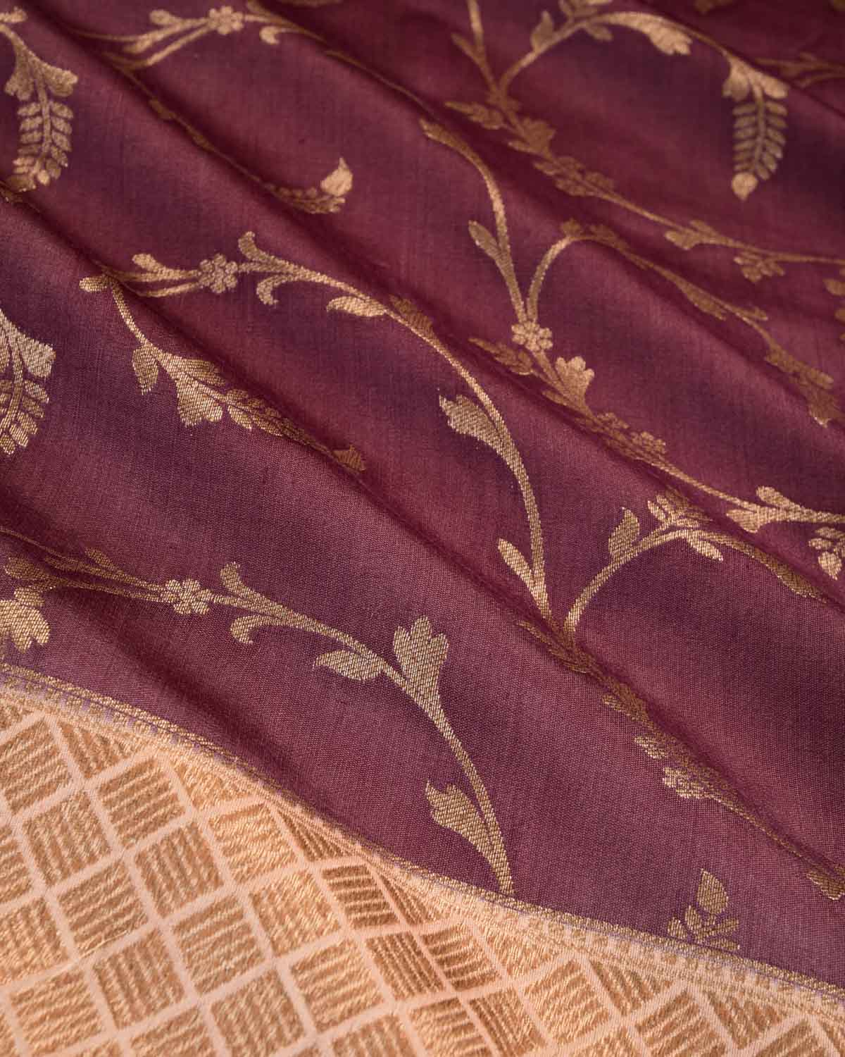 Garnet Banarasi Gold Zari Circular Jaal Cutwork Brocade Woven Spun Silk Saree with Contrast Border Pallu-HolyWeaves