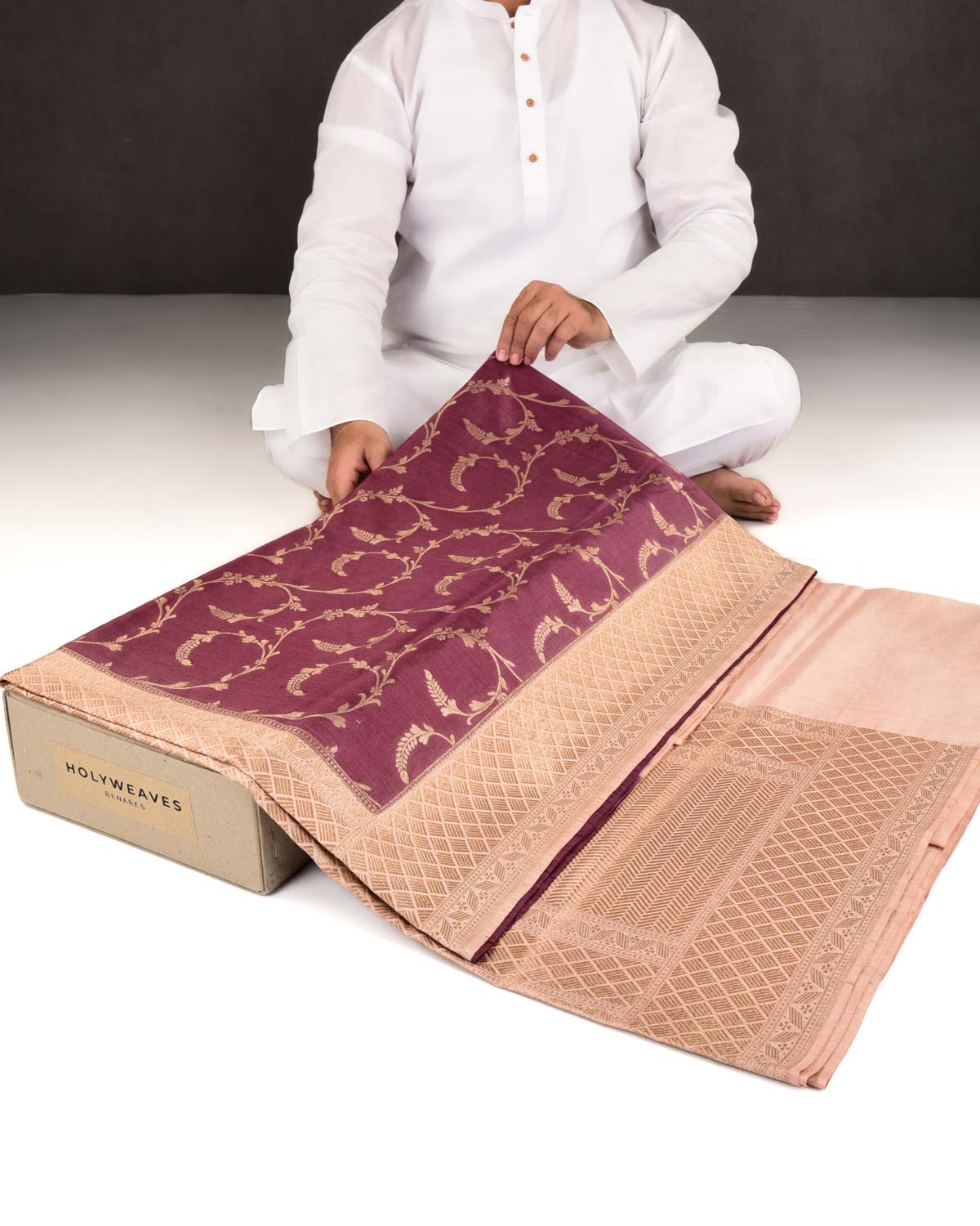 Garnet Banarasi Gold Zari Circular Jaal Cutwork Brocade Woven Spun Silk Saree with Contrast Border Pallu-HolyWeaves