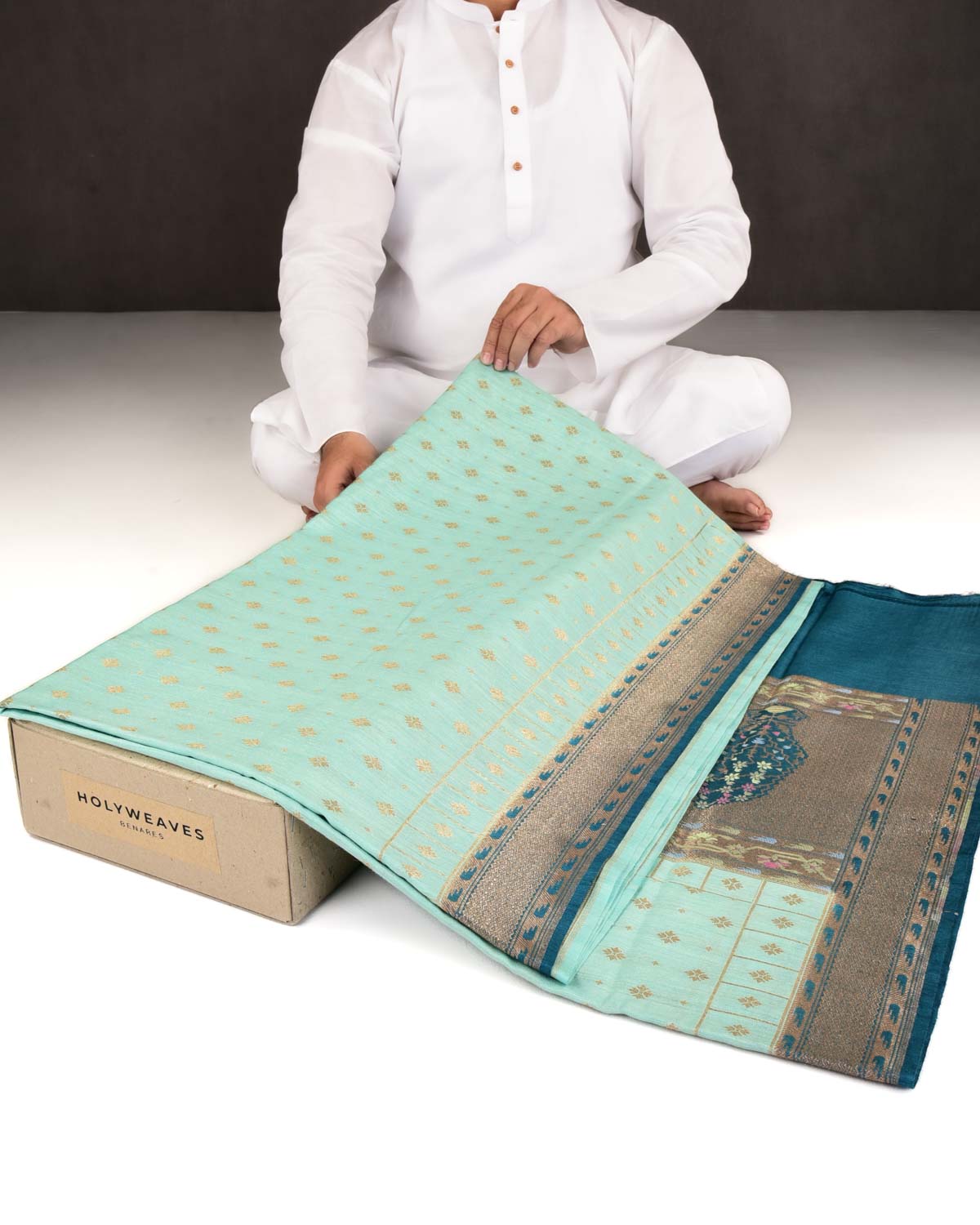 Tiffany Blue Banarasi Gold Zari Buti Cutwork Brocade Woven Muga Silk Saree with Contrast Border Pallu-HolyWeaves