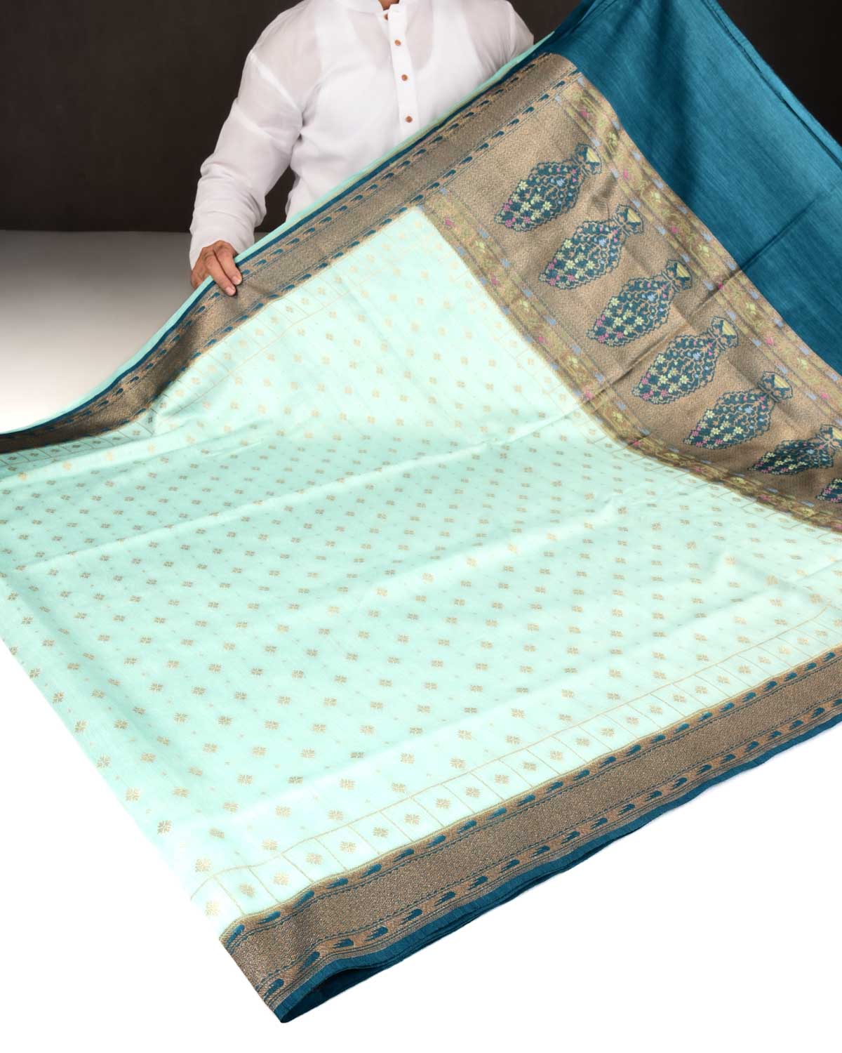 Tiffany Blue Banarasi Gold Zari Buti Cutwork Brocade Woven Muga Silk Saree with Contrast Border Pallu-HolyWeaves