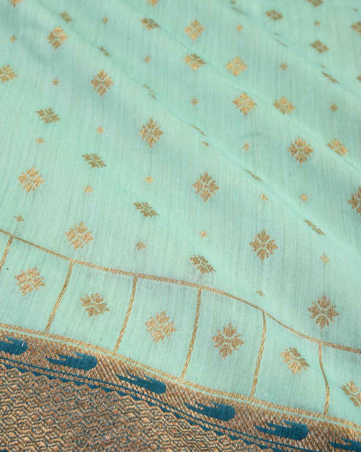 Tiffany Blue Banarasi Gold Zari Buti Cutwork Brocade Woven Muga Silk Saree with Contrast Border Pallu-HolyWeaves