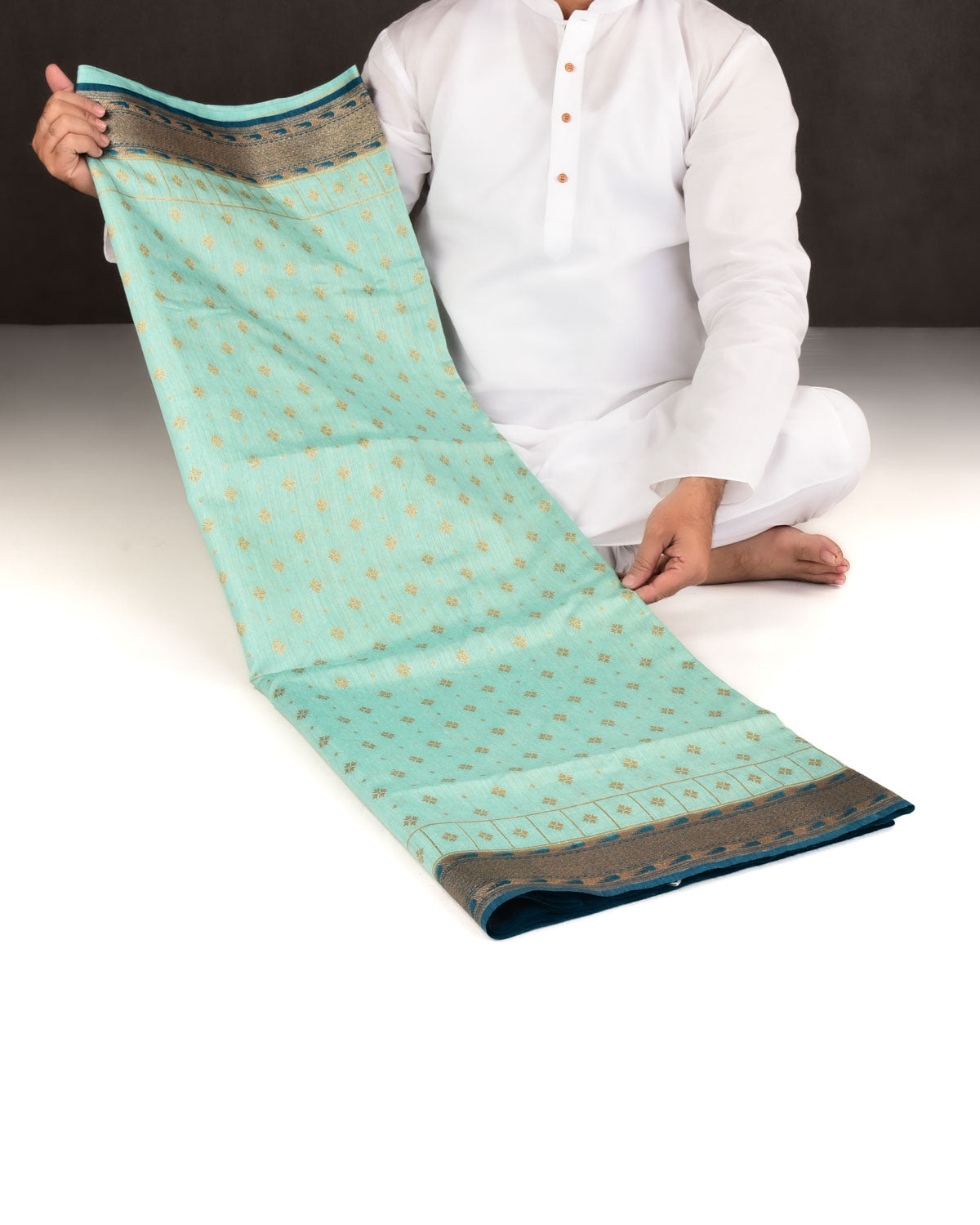 Tiffany Blue Banarasi Gold Zari Buti Cutwork Brocade Woven Muga Silk Saree with Contrast Border Pallu-HolyWeaves