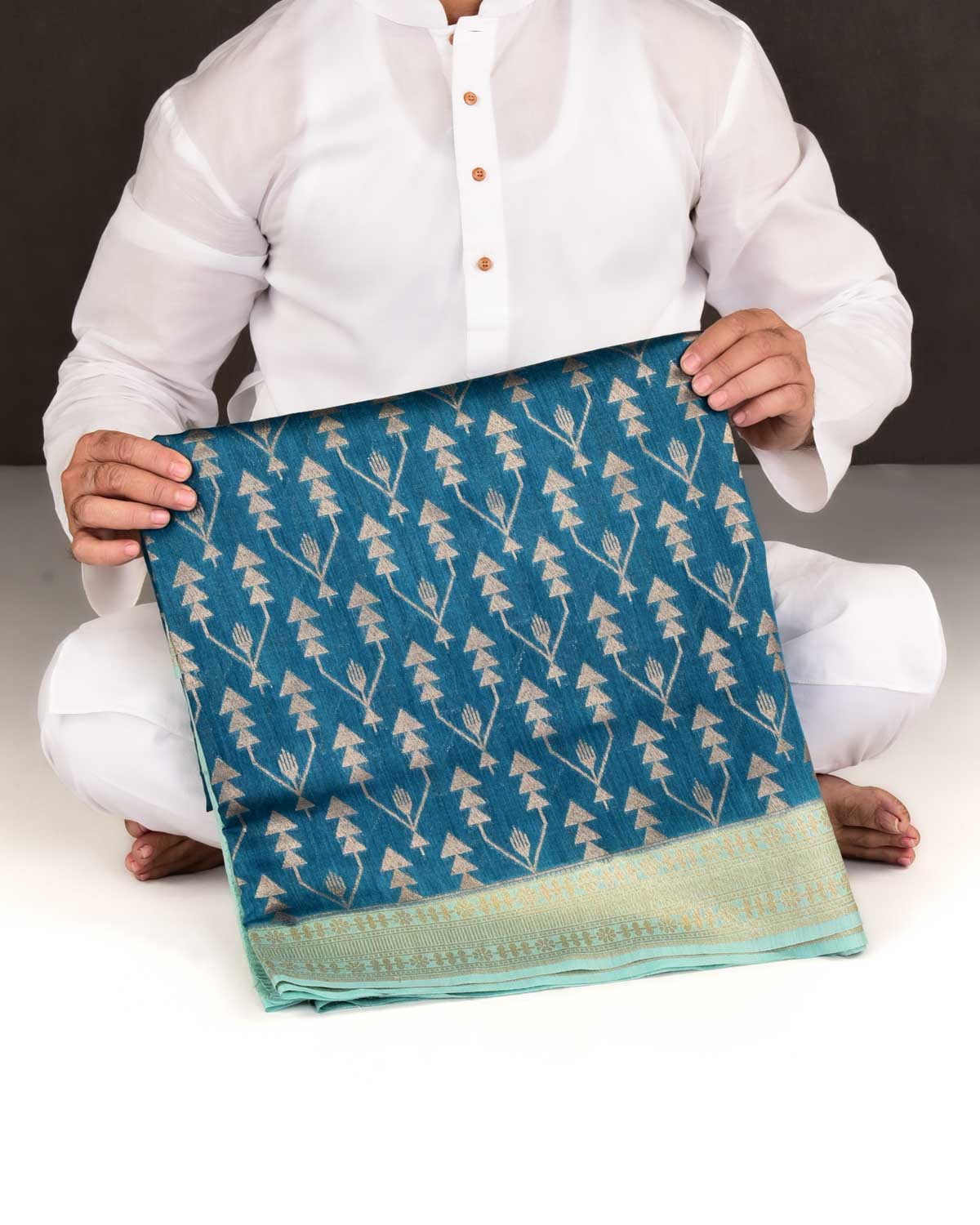 Teal Blue Banarasi Gold Zari Triangular Jaal Cutwork Brocade Woven Muga Silk Saree with Contrast Border Pallu-HolyWeaves