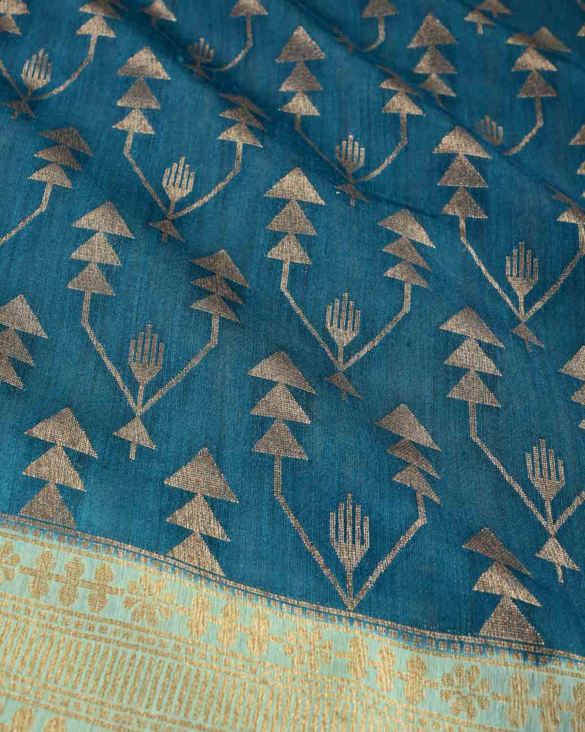 Teal Blue Banarasi Gold Zari Triangular Jaal Cutwork Brocade Woven Muga Silk Saree with Contrast Border Pallu-HolyWeaves