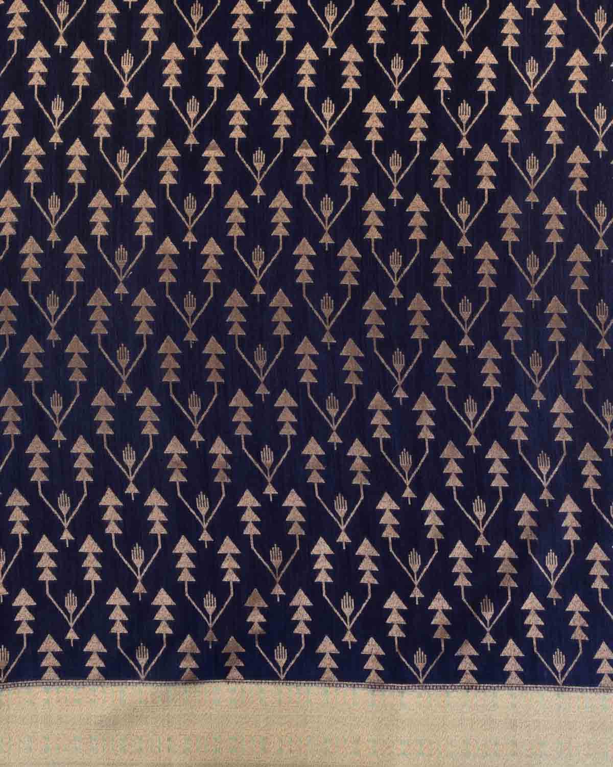 Navy Blue Banarasi Gold Zari Triangular Jaal Cutwork Brocade Woven Muga Silk Saree with Contrast Border Pallu-HolyWeaves