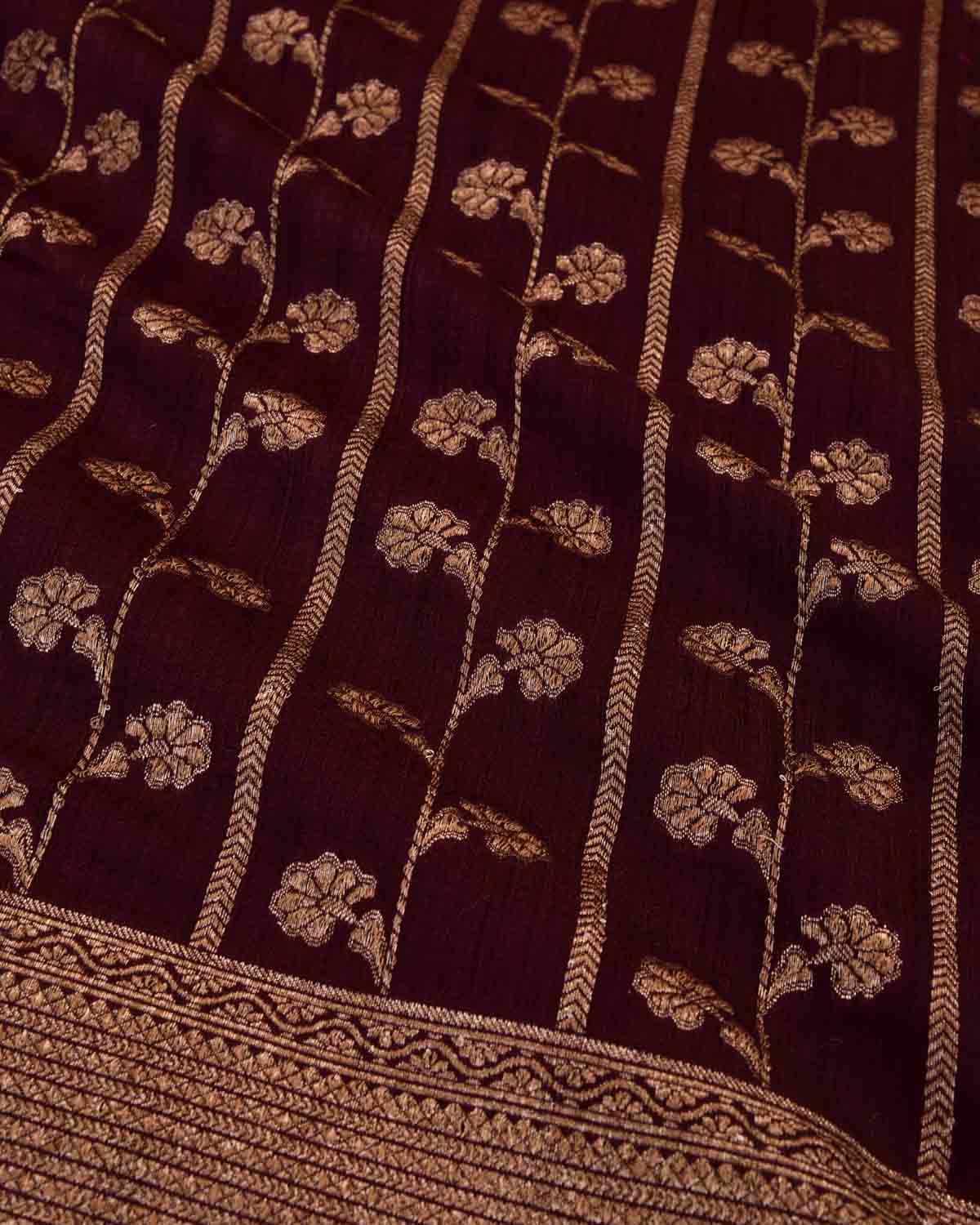 Mahogany Banarasi Gold Zari Floral Stripes Cutwork Brocade Woven Muga Silk Saree-HolyWeaves