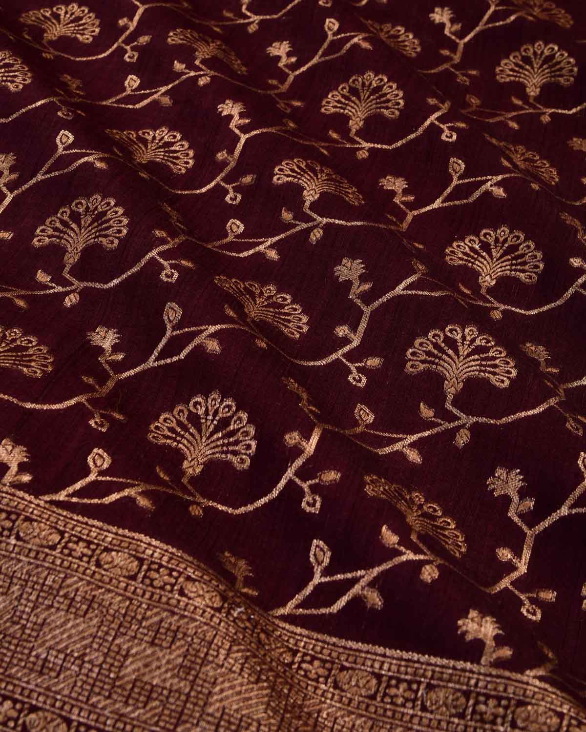 Mahogany Banarasi Gold Zari Floral Diagonal Stripes Cutwork Brocade Woven Muga Silk Saree-HolyWeaves