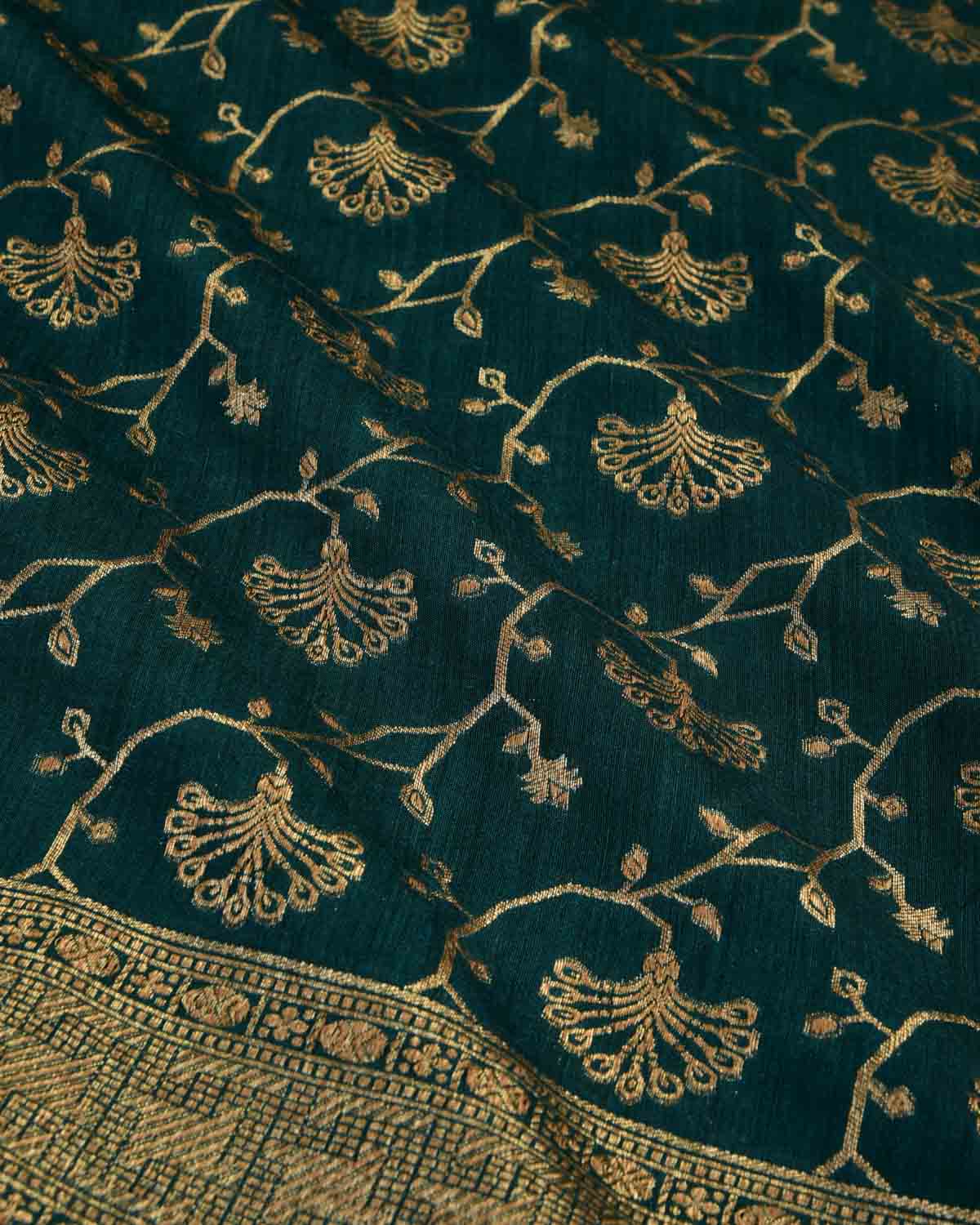 Sacramento Green Banarasi Gold Zari Floral Diagonal Stripes Cutwork Brocade Woven Muga Silk Saree-HolyWeaves