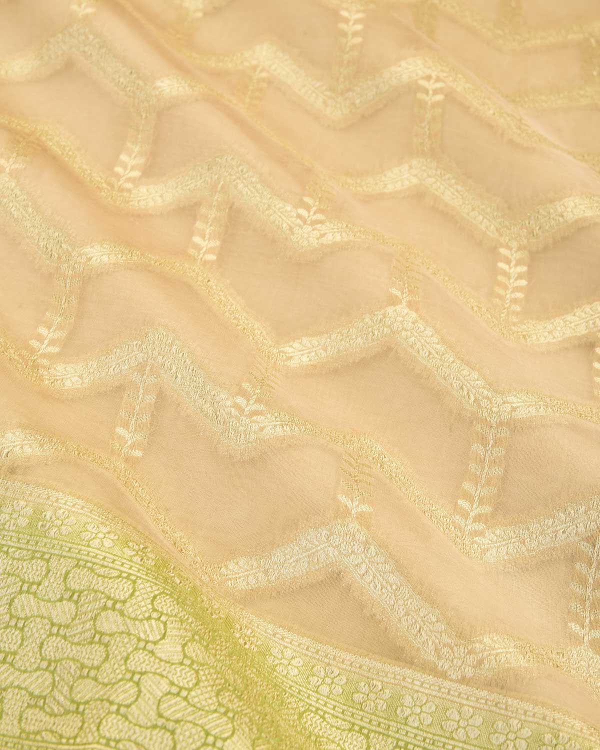 Beige Banarasi Gold Zari Geometric Cutwork Brocade Woven Kora Silk Saree with Contrast Border Pallu-HolyWeaves