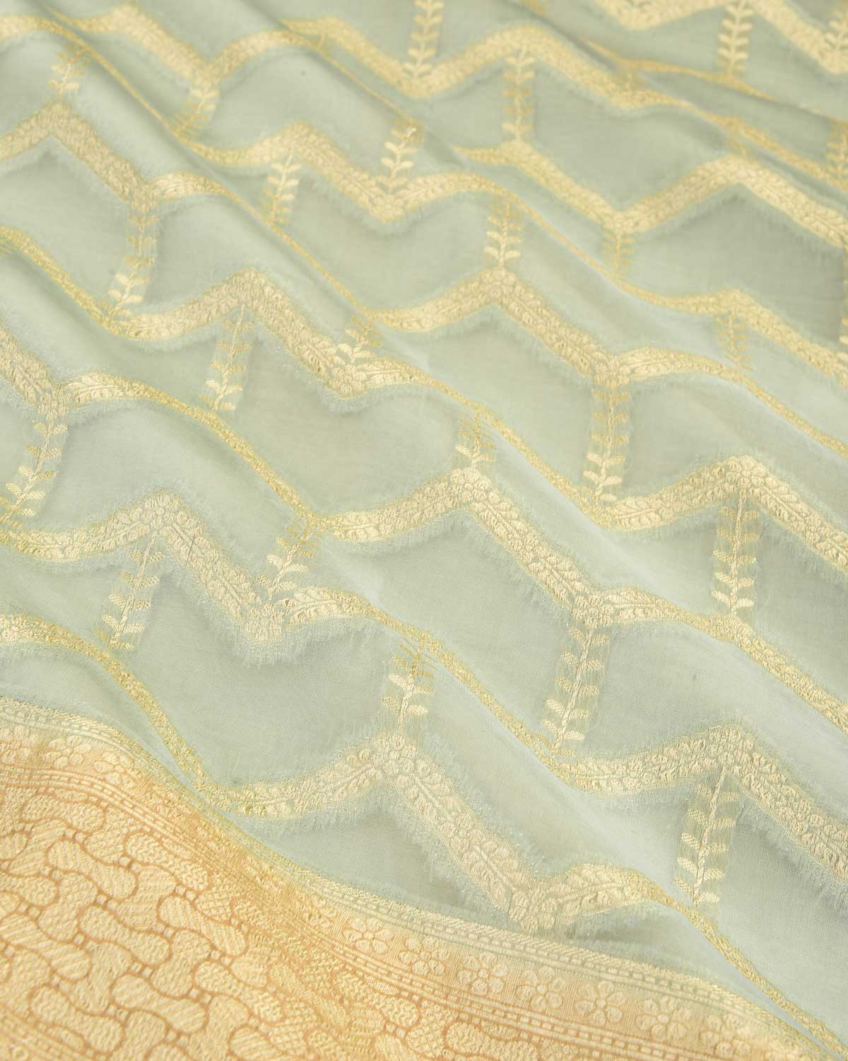 Powder Blue Banarasi Gold Zari Geometric Cutwork Brocade Woven Kora Silk Saree with Contrast Border Pallu-HolyWeaves