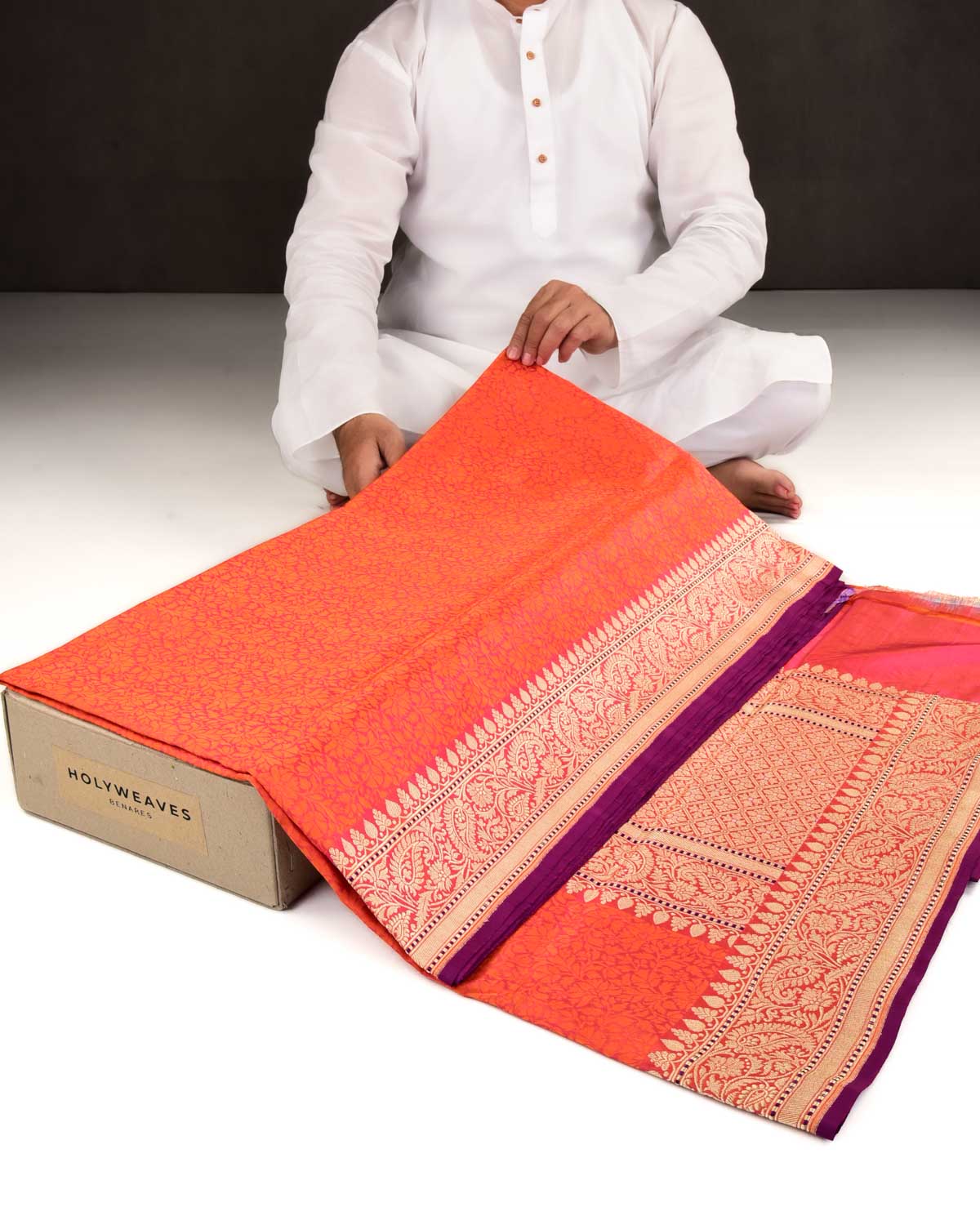Orange Banarasi Maheel Jaal Resham Tanchoi Handwoven Katan Silk Saree with Gold Zari Border Pallu-HolyWeaves
