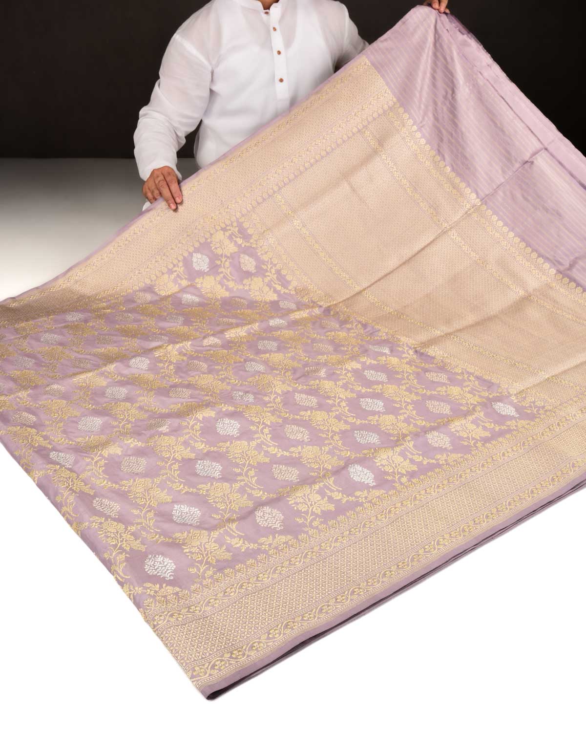 Lavender Banarasi Gold & Silver Zari Kadhuan Brocade Handwoven Katan Silk Saree-HolyWeaves
