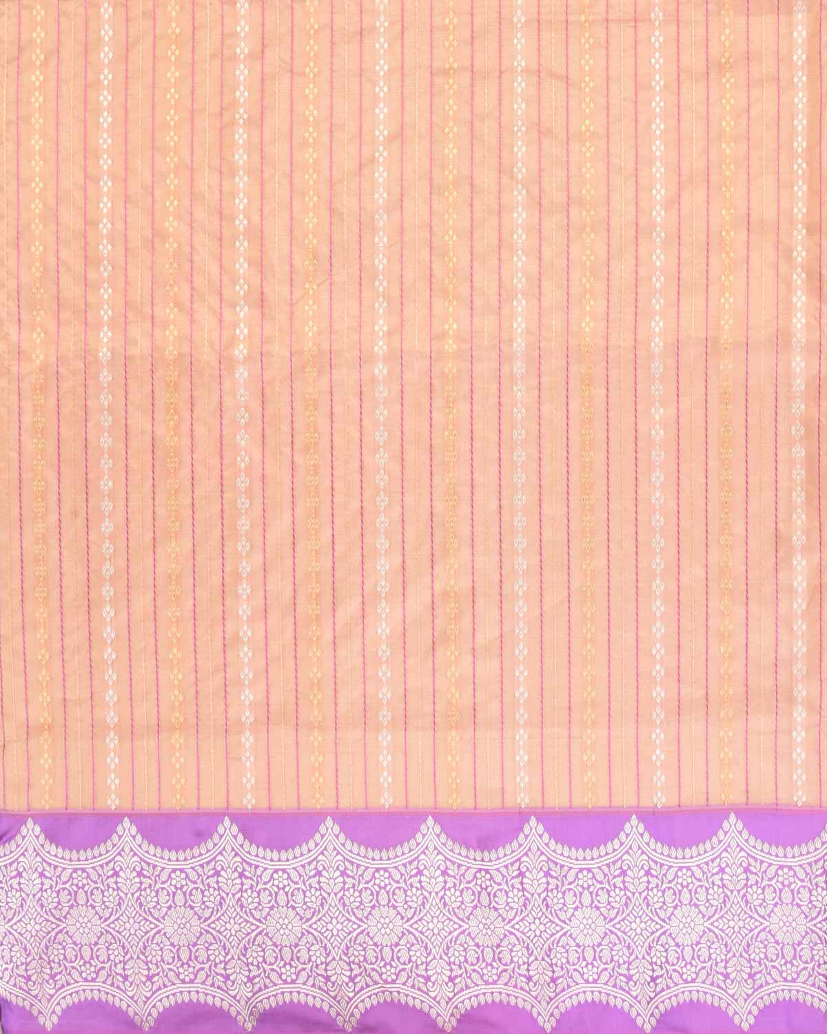 Metallic Peach Banarasi Gold & Silver Zari Brocade Handwoven Katan Tissue Saree with Contrast Mauve Border Pallu-HolyWeaves