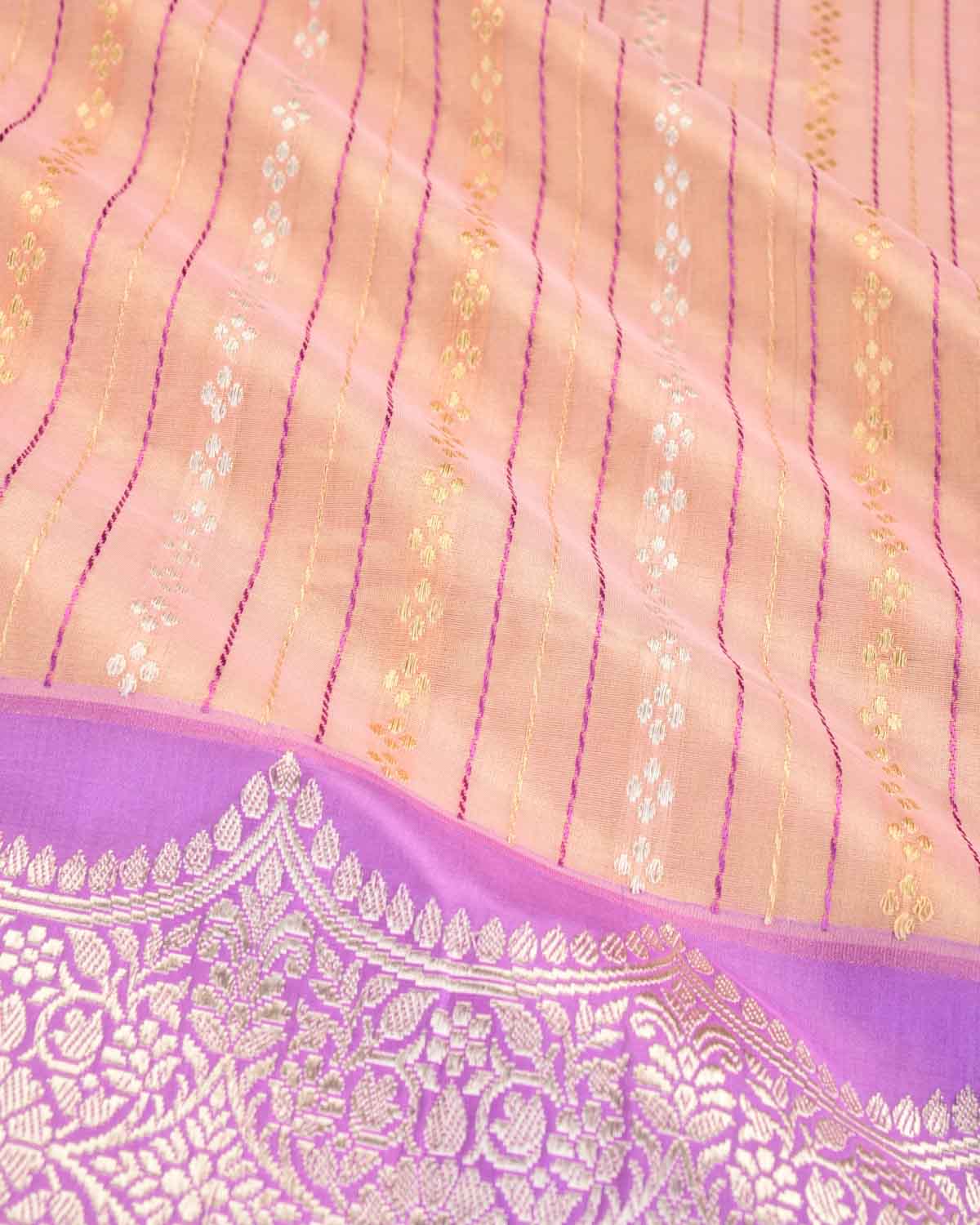 Metallic Peach Banarasi Gold & Silver Zari Brocade Handwoven Katan Tissue Saree with Contrast Mauve Border Pallu-HolyWeaves