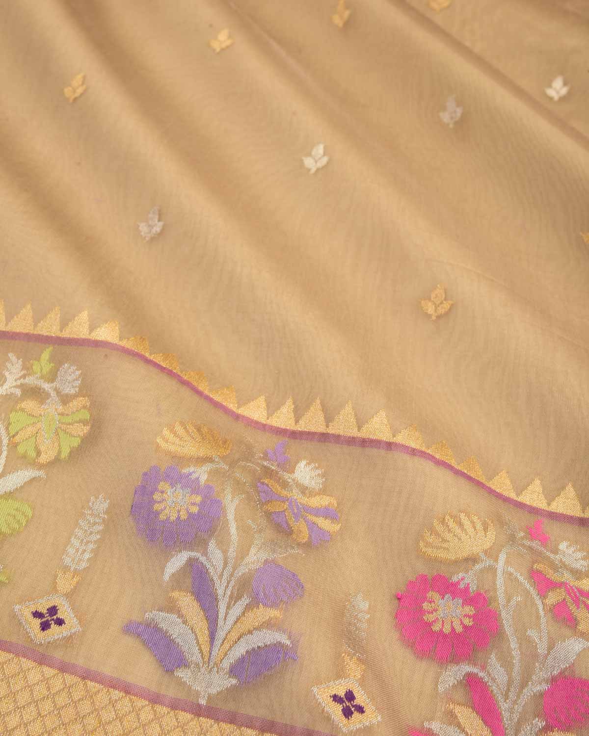 Brown Banarasi Gold & Silver Zari Buti Kadhuan Brocade Handwoven Kora Silk Saree with Meenekari Border-HolyWeaves