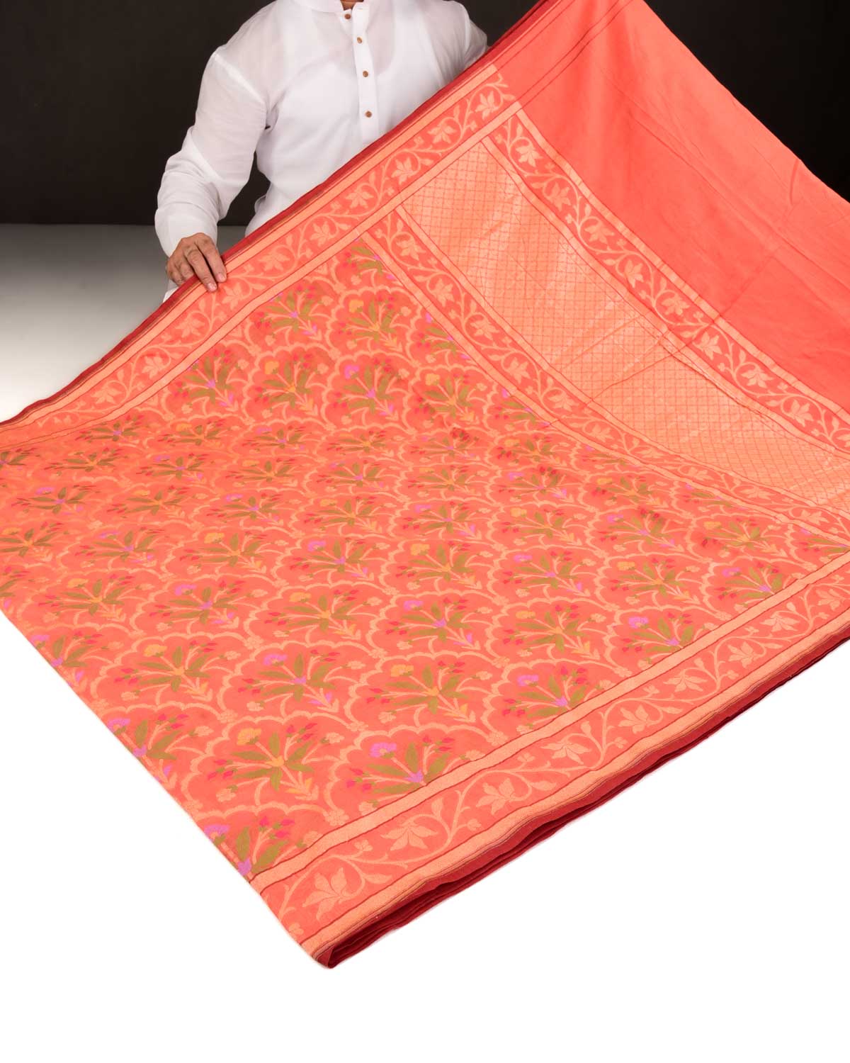 Orange Banarasi Gold Zari & Resham Tehri Cutwork Brocade Handwoven Handloom Cotton Saree-HolyWeaves