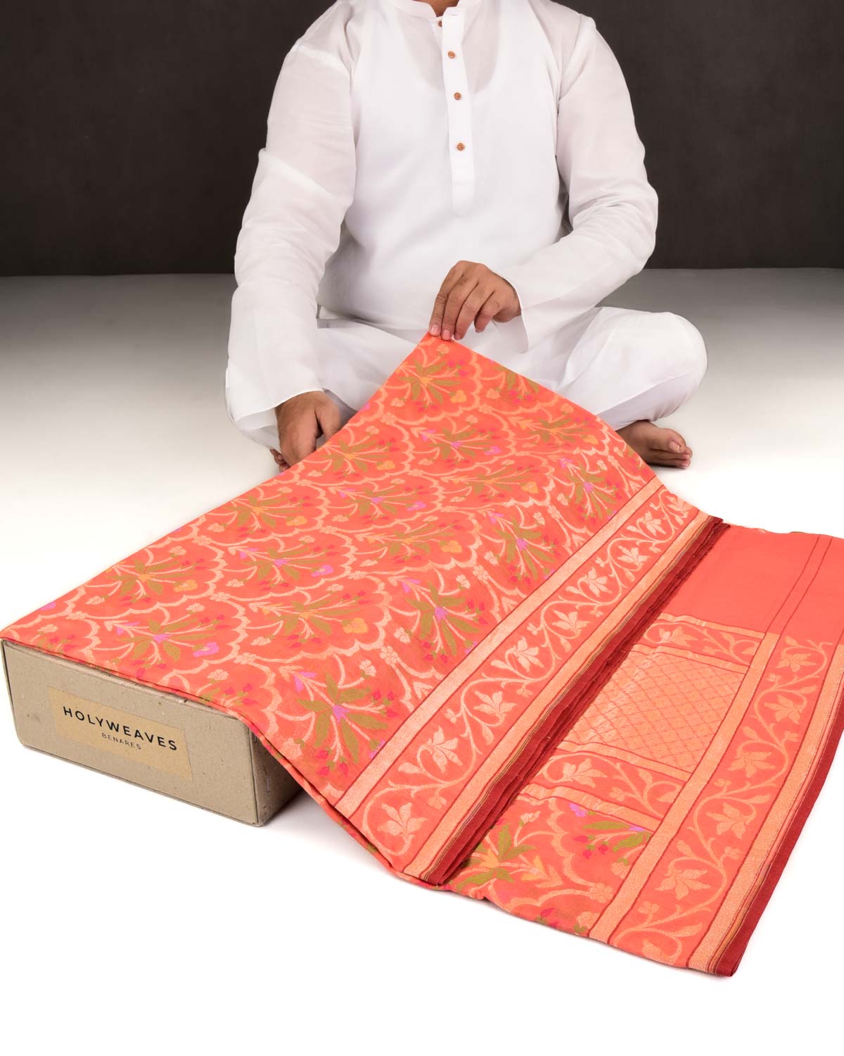 Orange Banarasi Gold Zari & Resham Tehri Cutwork Brocade Handwoven Handloom Cotton Saree-HolyWeaves