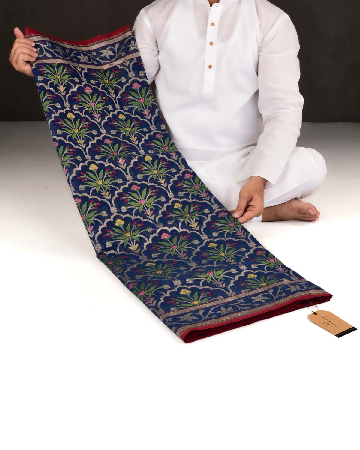 Navy Blue Banarasi Gold Zari & Resham Tehri Cutwork Brocade Handwoven Handloom Cotton Saree-HolyWeaves
