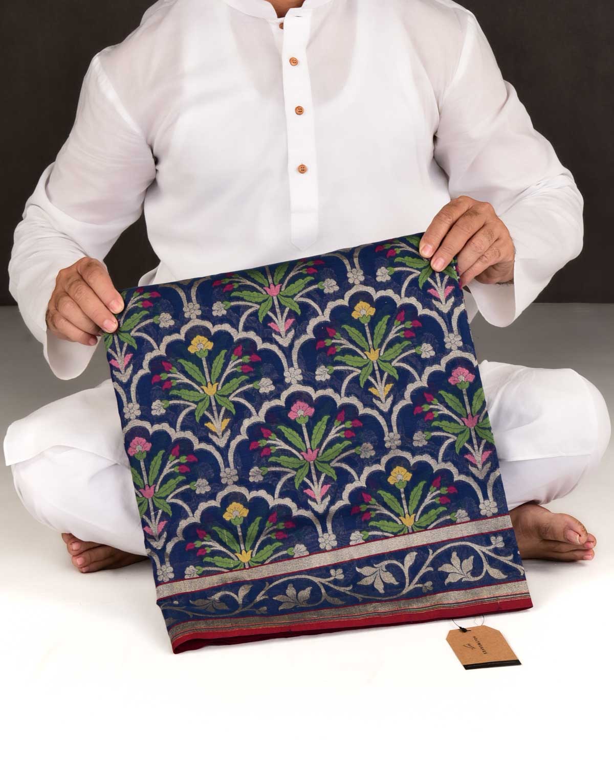 Navy Blue Banarasi Gold Zari & Resham Tehri Cutwork Brocade Handwoven Handloom Cotton Saree-HolyWeaves