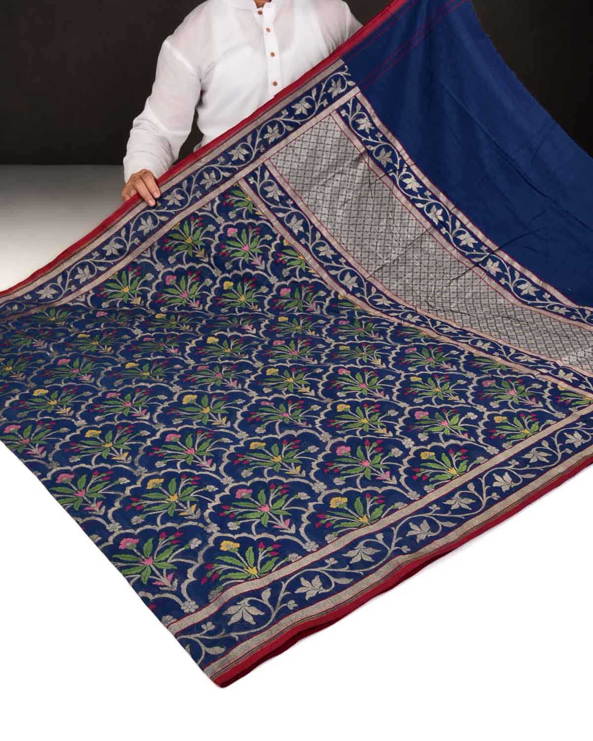 Navy Blue Banarasi Gold Zari & Resham Tehri Cutwork Brocade Handwoven Handloom Cotton Saree-HolyWeaves