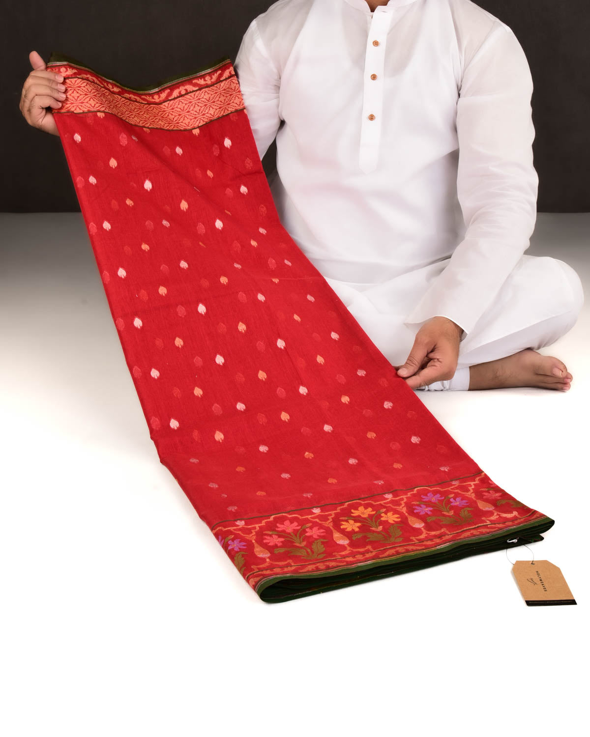 Red Banarasi Gold & Silver Zari Hukum Buti Cutwork Brocade Handwoven Handloom Cotton Saree with Meenekari Border-HolyWeaves