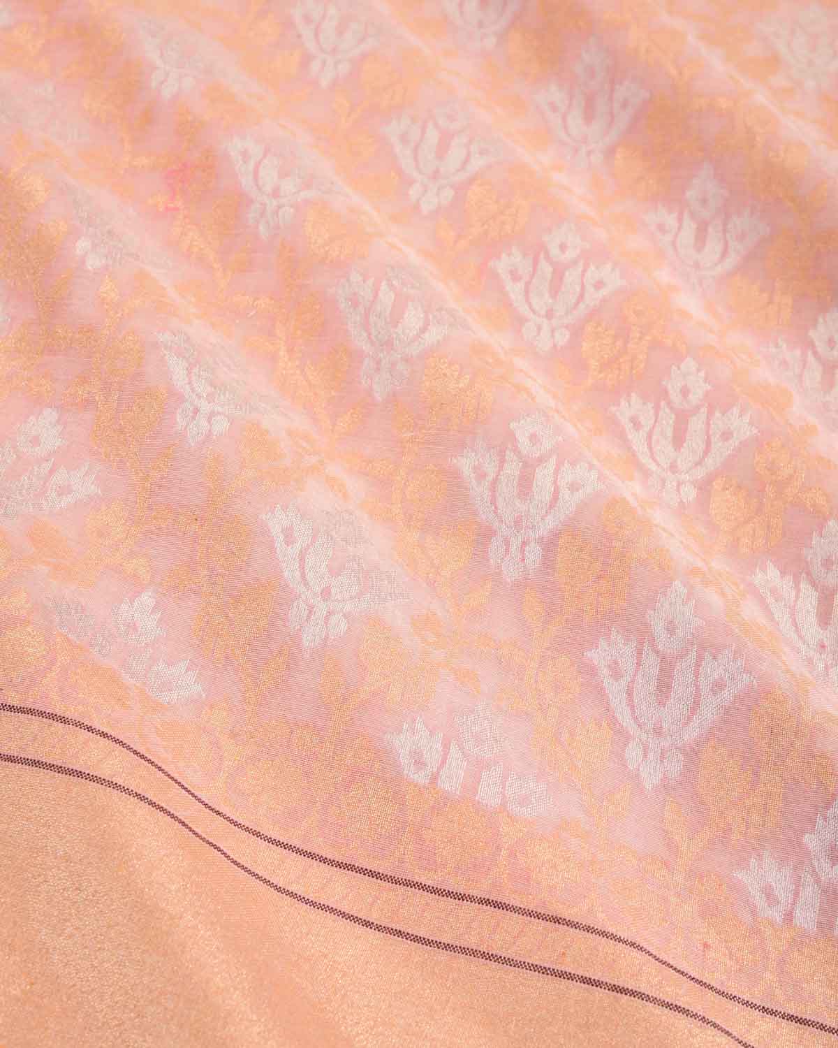 Pink Banarasi Gold & Silver Zari Buti Cutwork Brocade Handwoven Handloom Cotton Saree-HolyWeaves