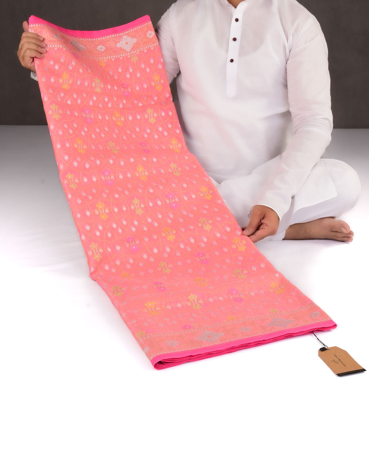 Pink Banarasi Gold Silver Zari & Resham Jangla Ektara Cutwork Brocade Handwoven Kora Silk Saree-HolyWeaves
