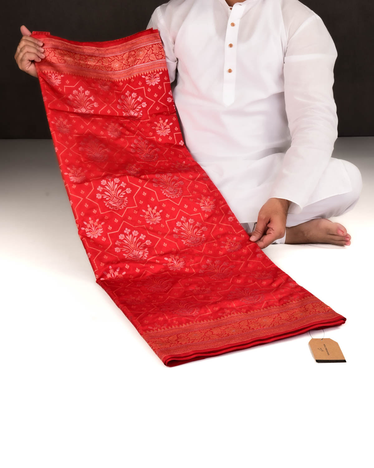 Bridal Red Banarasi Gold Silver Zari & Resham Jangla Ektara Cutwork Brocade Handwoven Katan Silk Saree-HolyWeaves