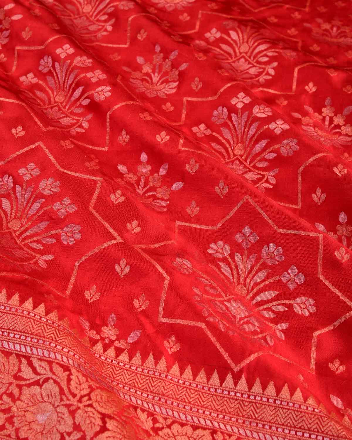 Bridal Red Banarasi Gold Silver Zari & Resham Jangla Ektara Cutwork Brocade Handwoven Katan Silk Saree-HolyWeaves