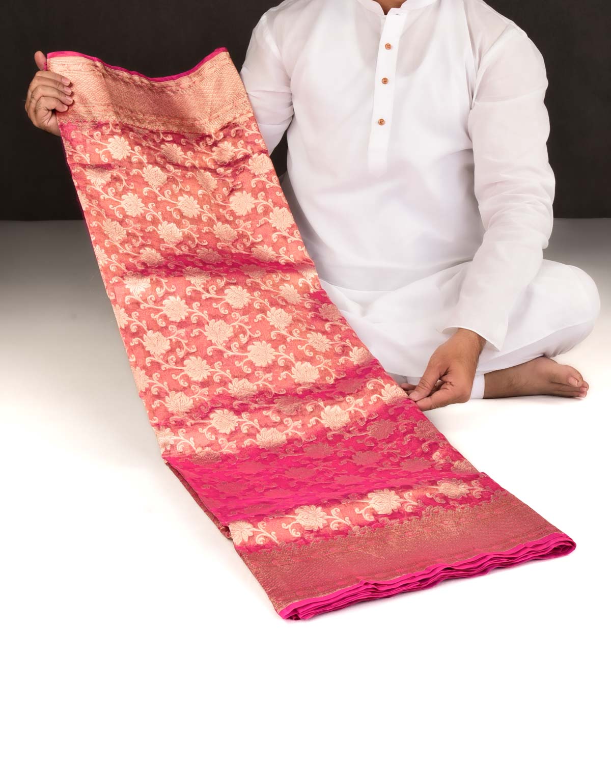 Metallic Pink Banarasi Gold Zari Floral Jaal Cutwork Brocade Handwoven Kora Tissue Saree-HolyWeaves