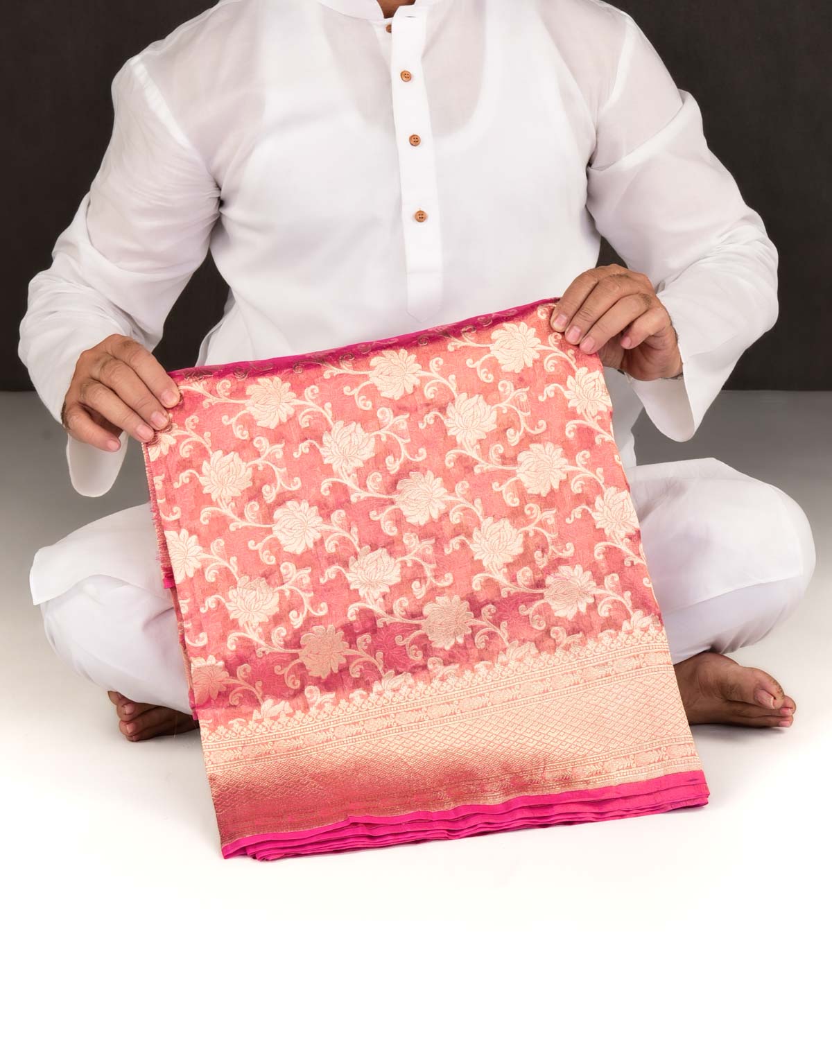 Metallic Pink Banarasi Gold Zari Floral Jaal Cutwork Brocade Handwoven Kora Tissue Saree-HolyWeaves