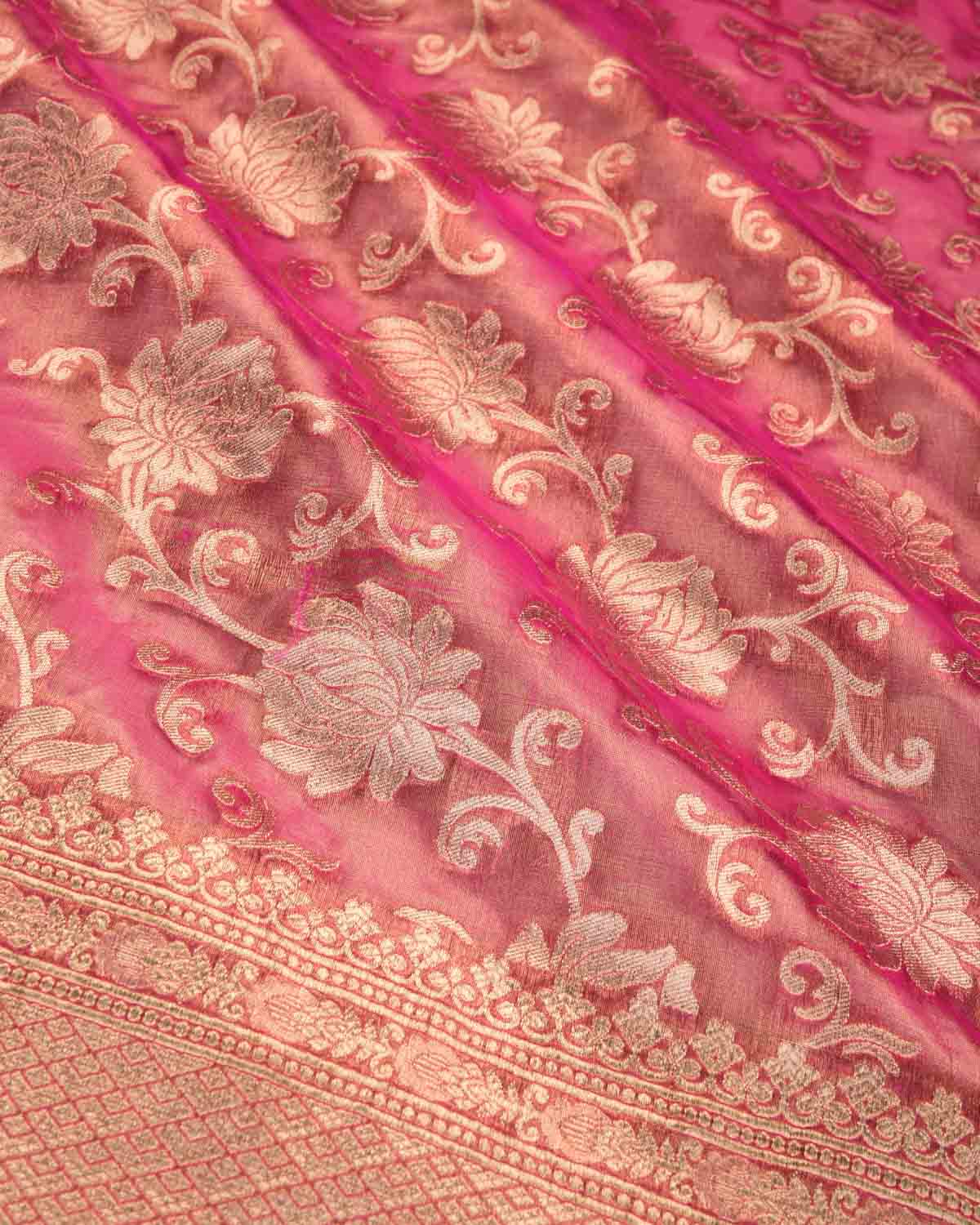 Metallic Pink Banarasi Gold Zari Floral Jaal Cutwork Brocade Handwoven Kora Tissue Saree-HolyWeaves