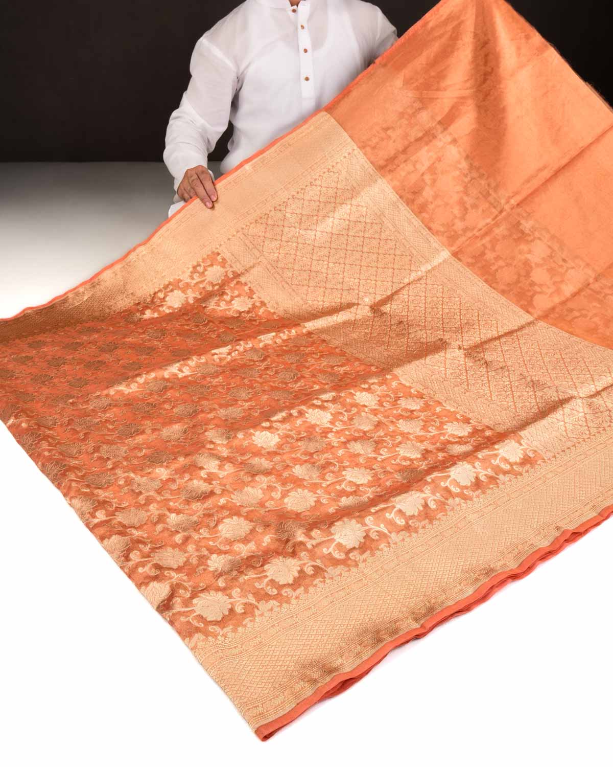Metallic Orange Banarasi Gold Zari Floral Jaal Cutwork Brocade Handwoven Kora Tissue Saree-HolyWeaves