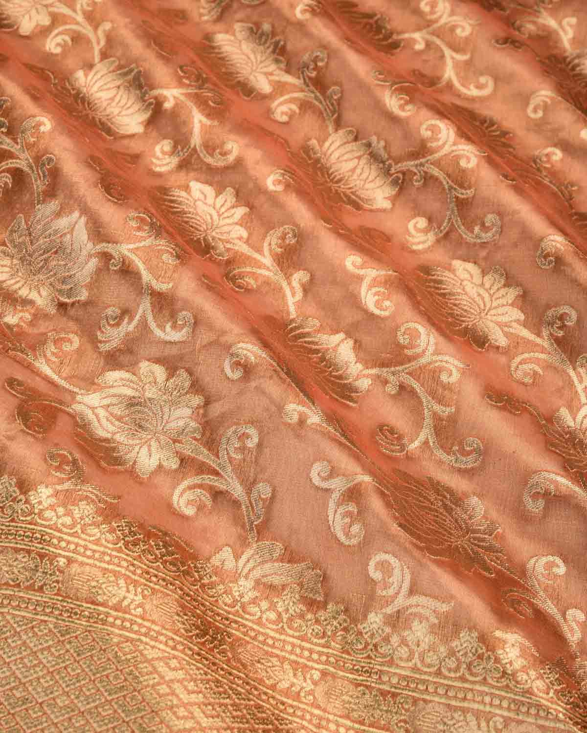 Metallic Orange Banarasi Gold Zari Floral Jaal Cutwork Brocade Handwoven Kora Tissue Saree-HolyWeaves