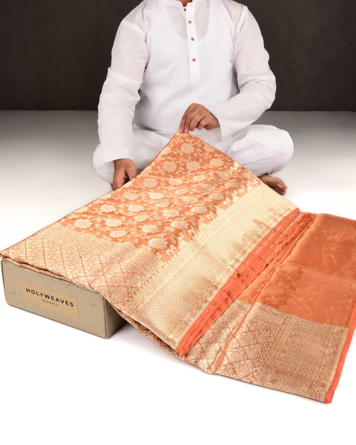 Metallic Orange Banarasi Gold Zari Floral Jaal Cutwork Brocade Handwoven Kora Tissue Saree-HolyWeaves