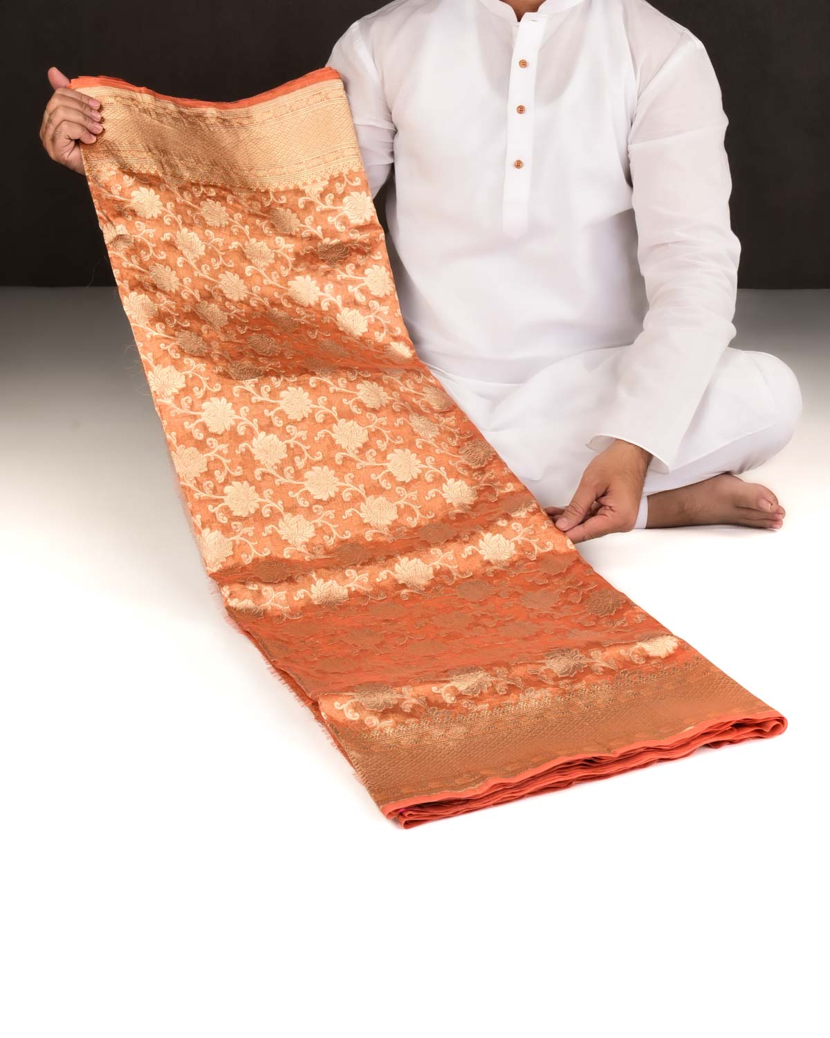 Metallic Orange Banarasi Gold Zari Floral Jaal Cutwork Brocade Handwoven Kora Tissue Saree-HolyWeaves