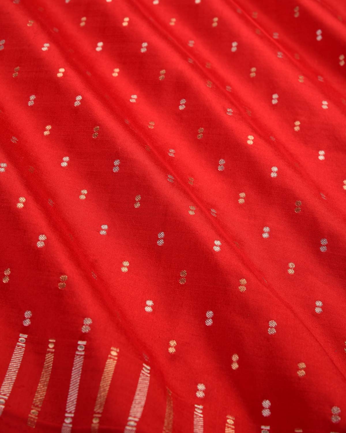 Red Banarasi Gold & Silver Zari Duet Polka Buti Cutwork Brocade Handwoven Katan Silk Saree with Gita Shlok Blouse-HolyWeaves