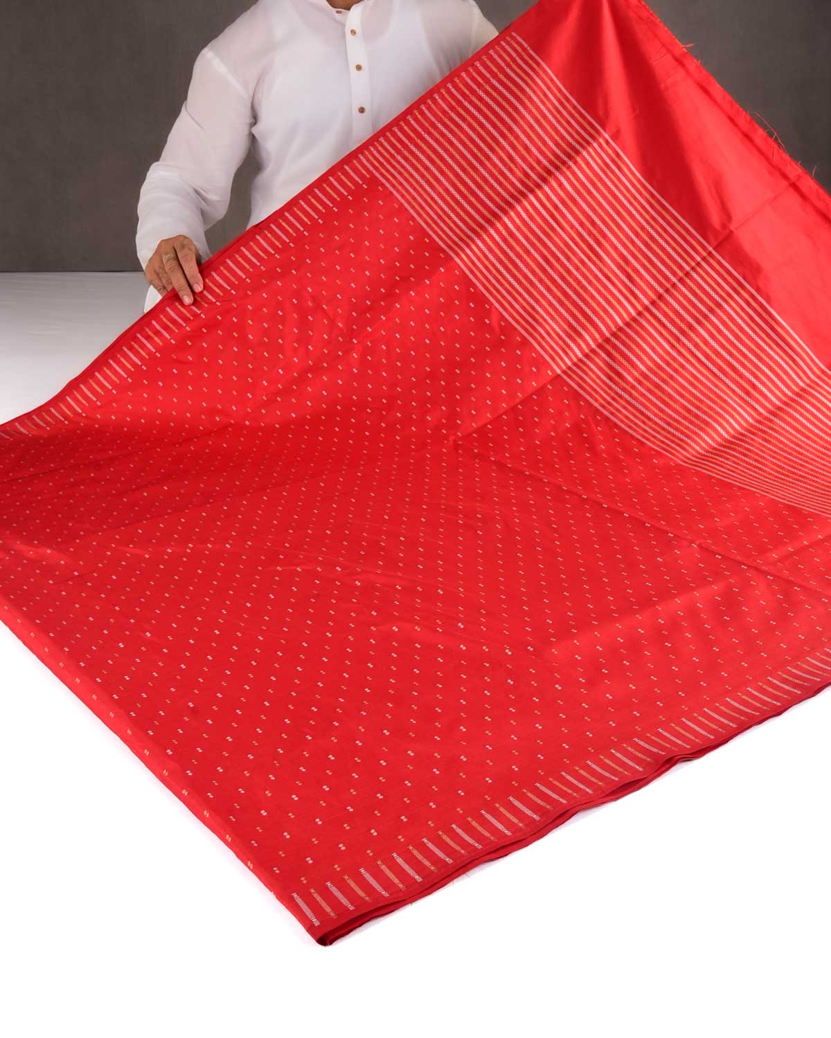 Red Banarasi Gold & Silver Zari Duet Polka Buti Cutwork Brocade Handwoven Katan Silk Saree with Gita Shlok Blouse-HolyWeaves