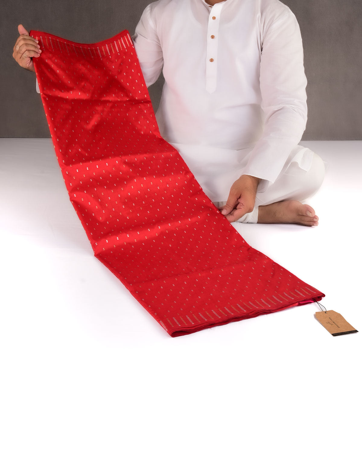 Red Banarasi Gold & Silver Zari Duet Polka Buti Cutwork Brocade Handwoven Katan Silk Saree with Gita Shlok Blouse-HolyWeaves