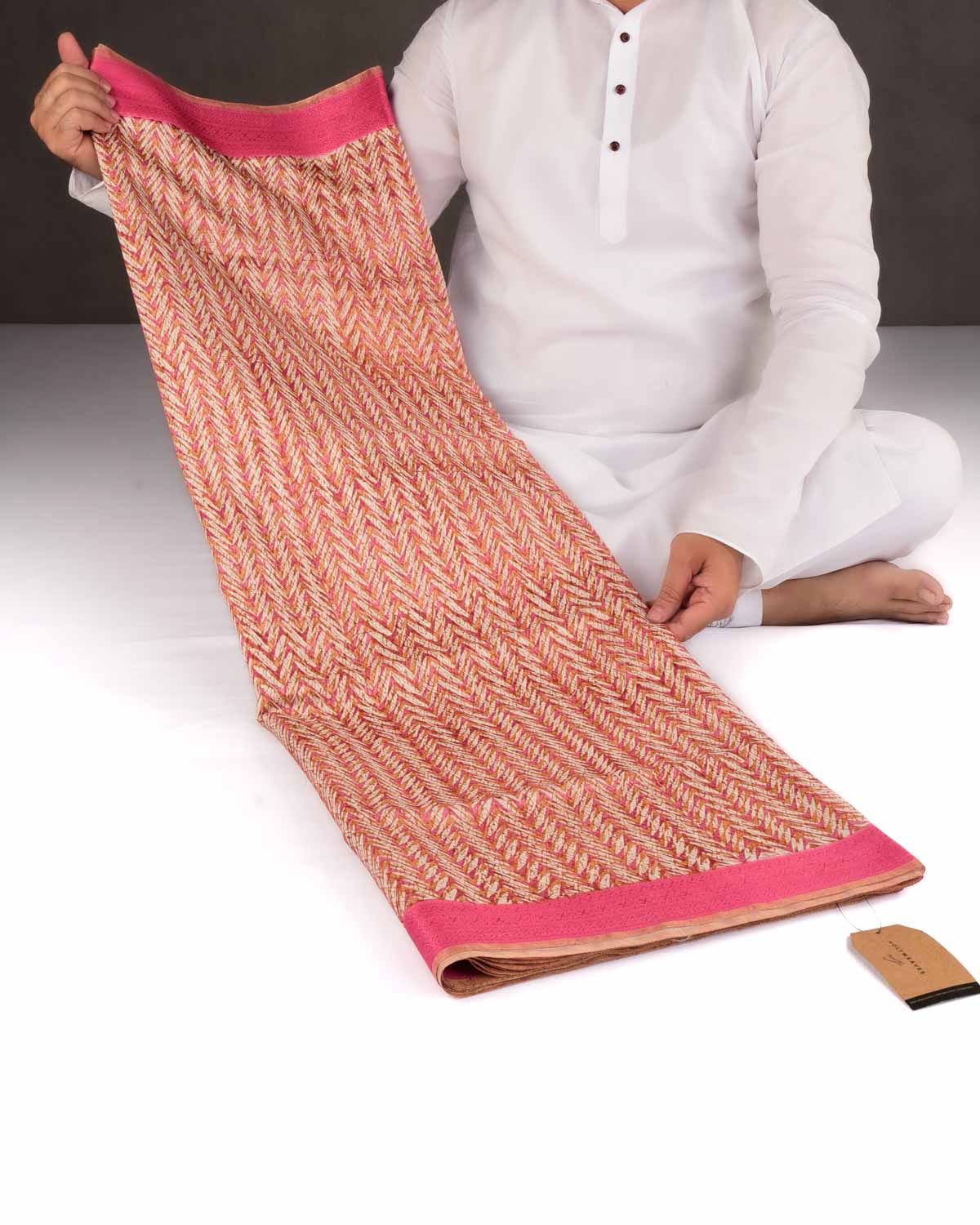 Pink Printed Chanderi Cotton Saree with Jacquard Border-HolyWeaves
